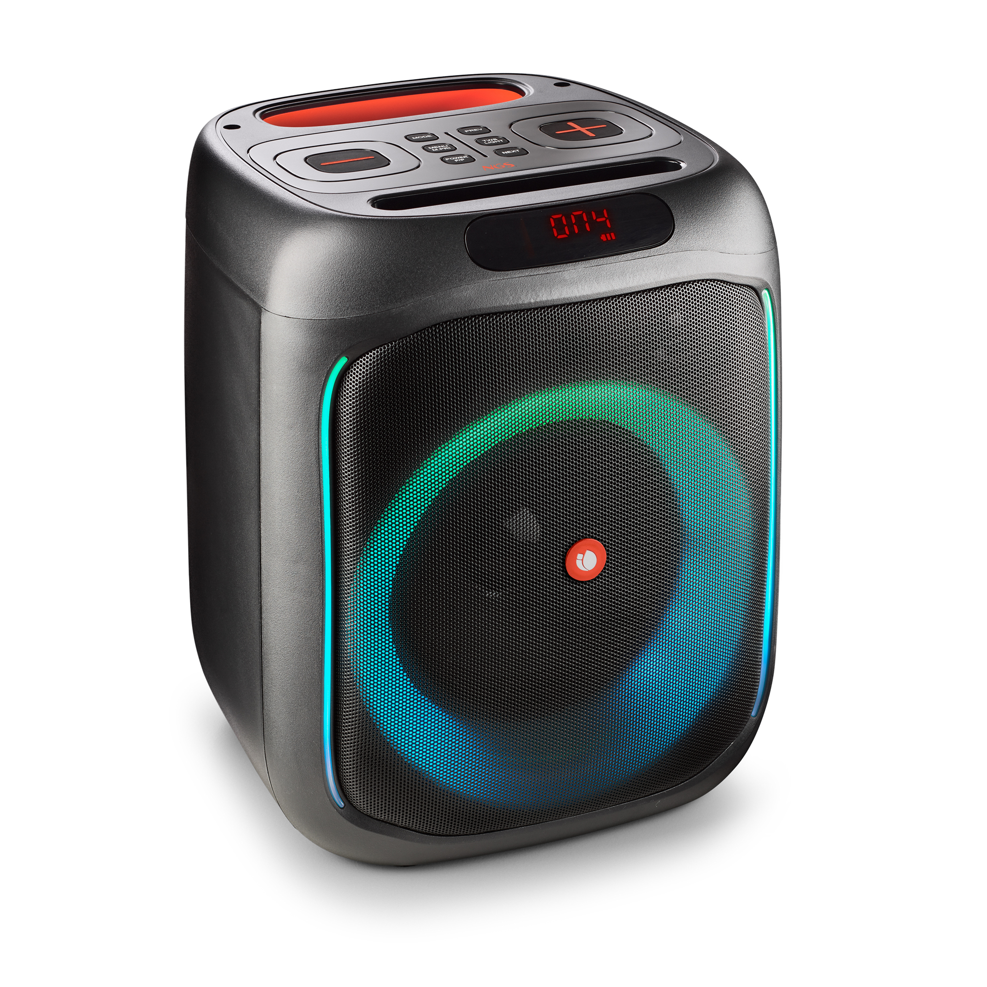 Altoparlante nero con anello luminoso blu e verde. Il display rosso mostra '074'.