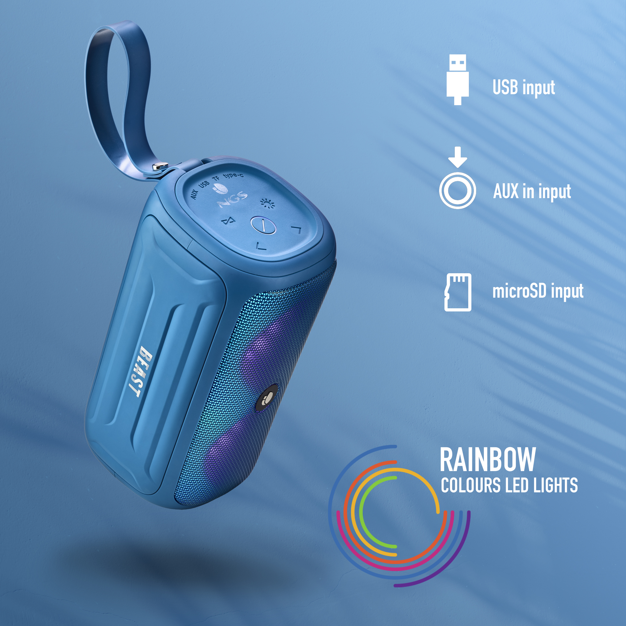 Niebieski głośnik przenośny z wejściami USB, AUX i microSD, z tęczowymi światłami LED.