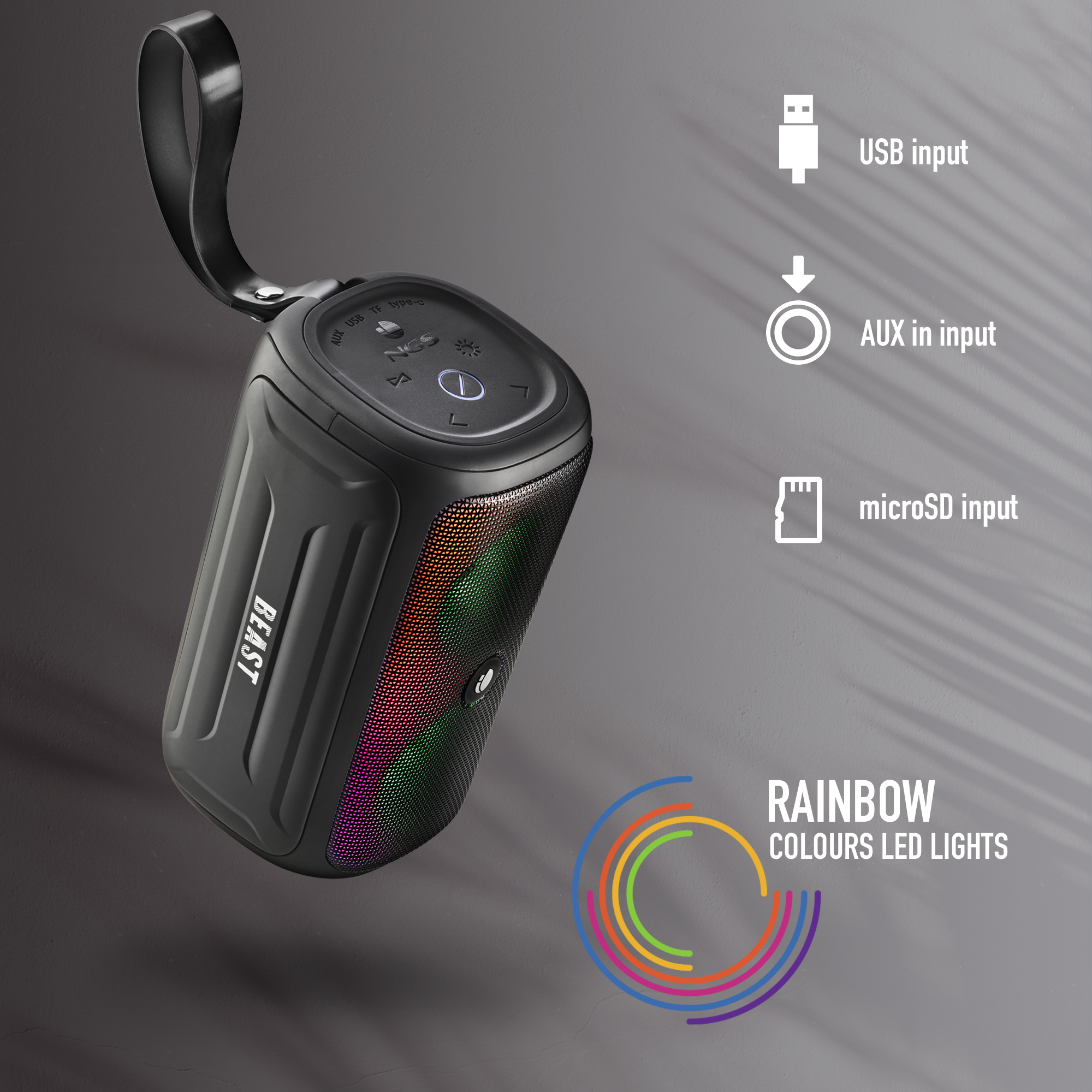 Haut-parleur portable noir avec lumières LED arc-en-ciel, entrées USB, AUX et microSD.