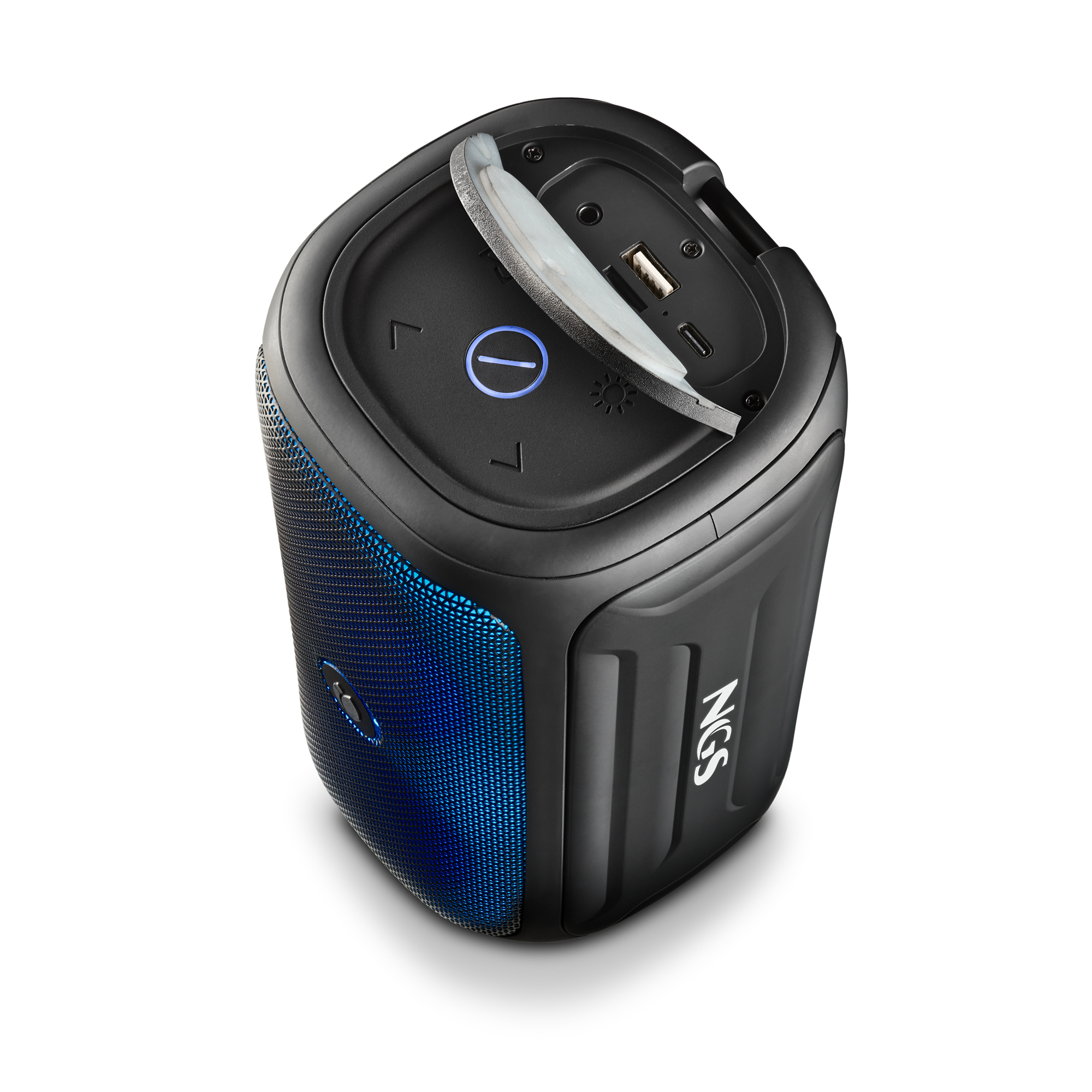 Haut-parleur Bluetooth NGS noir et bleu.