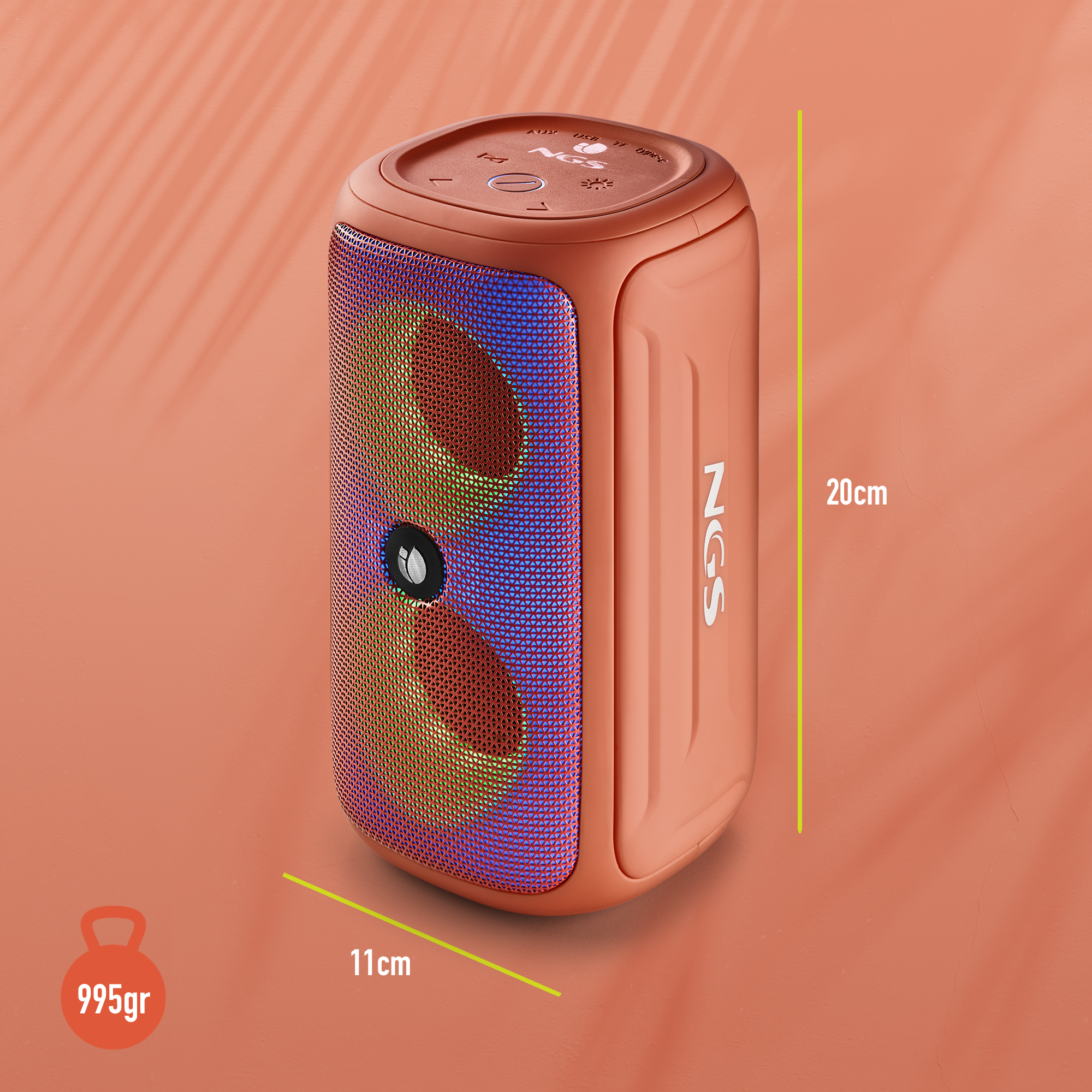 Przenośny głośnik Bluetooth, pomarańczowy, z czarnymi maskownicami, wymiary oznaczone.