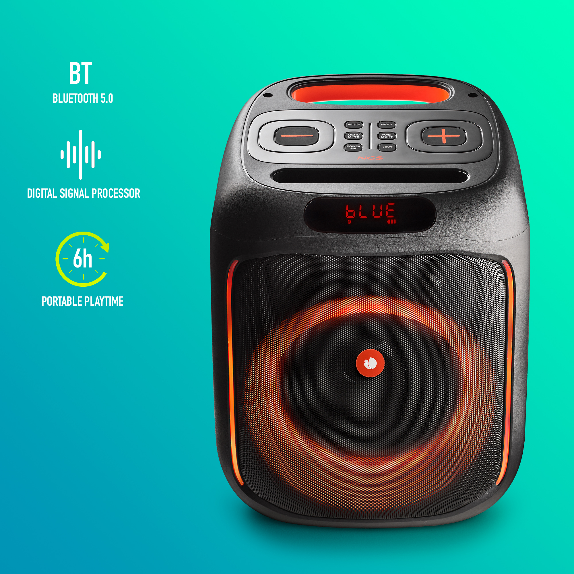 Un altoparlante nero con luce arancione. Il testo indica Bluetooth 5.0, elaborazione del segnale digitale e 6 ore di riproduzione.