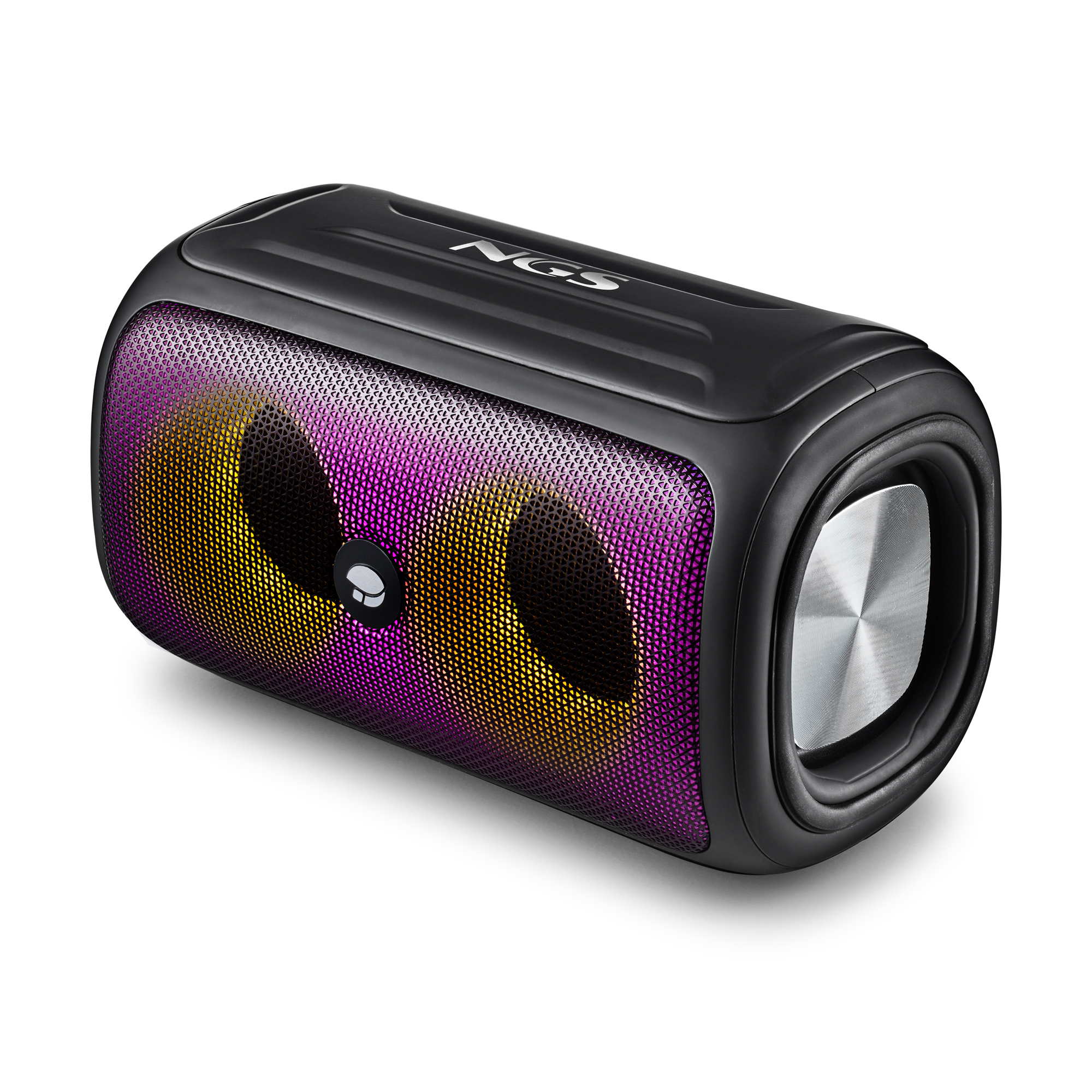 Enceinte noire avec lumières violettes et jaunes, isolée sur fond blanc.