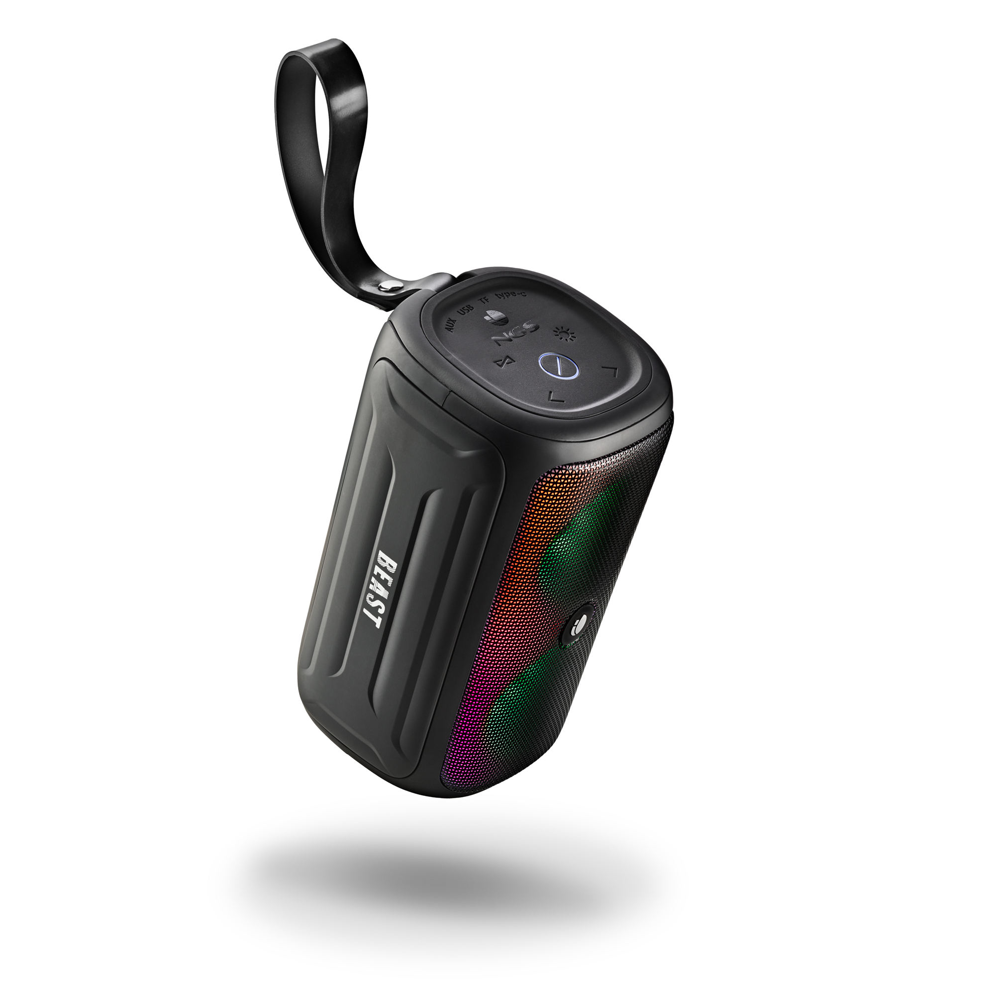 Un haut-parleur portable noir avec des lumières colorées. Il a une poignée et le mot 'BEAST'.