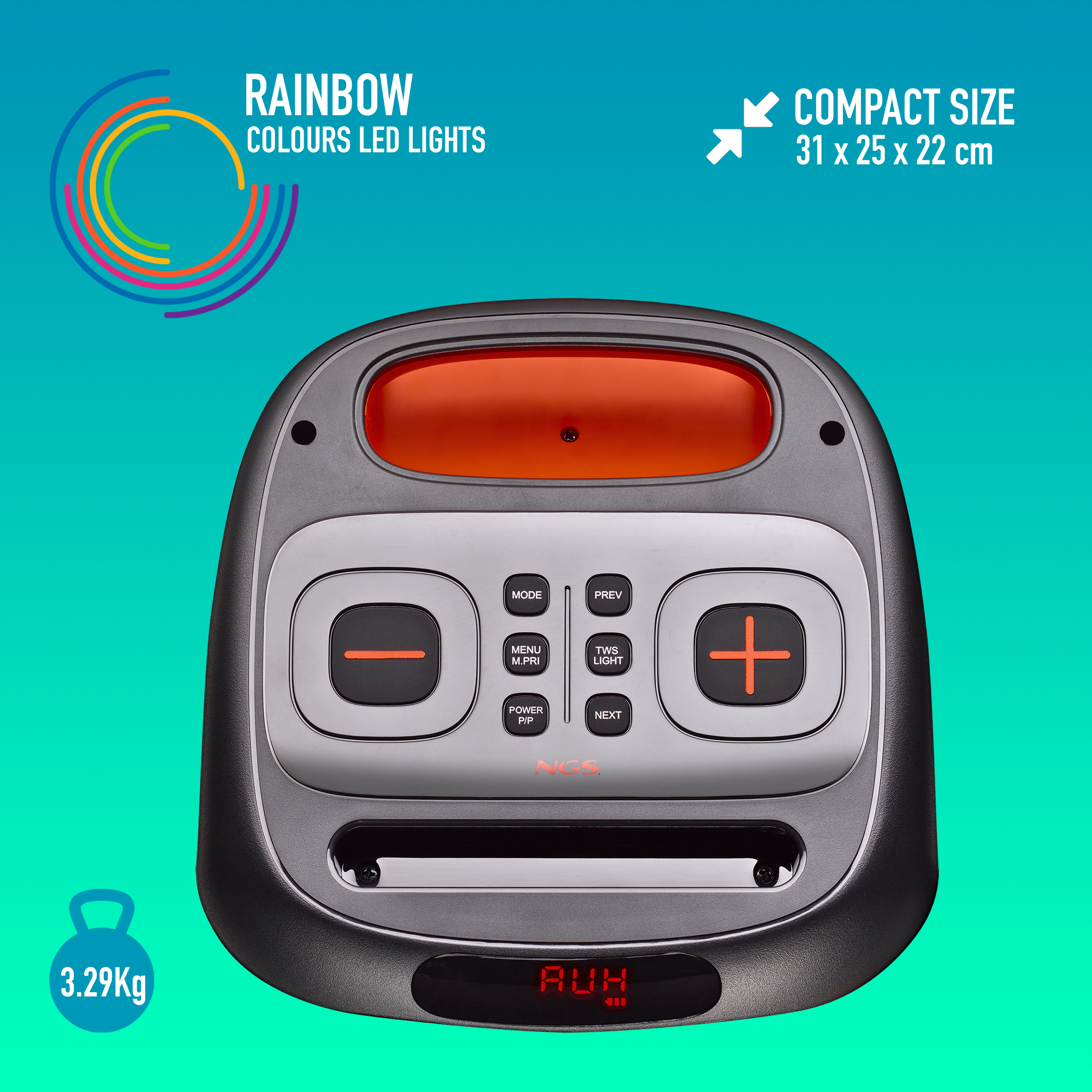 Un altoparlante compatto grigio con luci LED colorate e pulsanti di controllo sulla parte superiore.