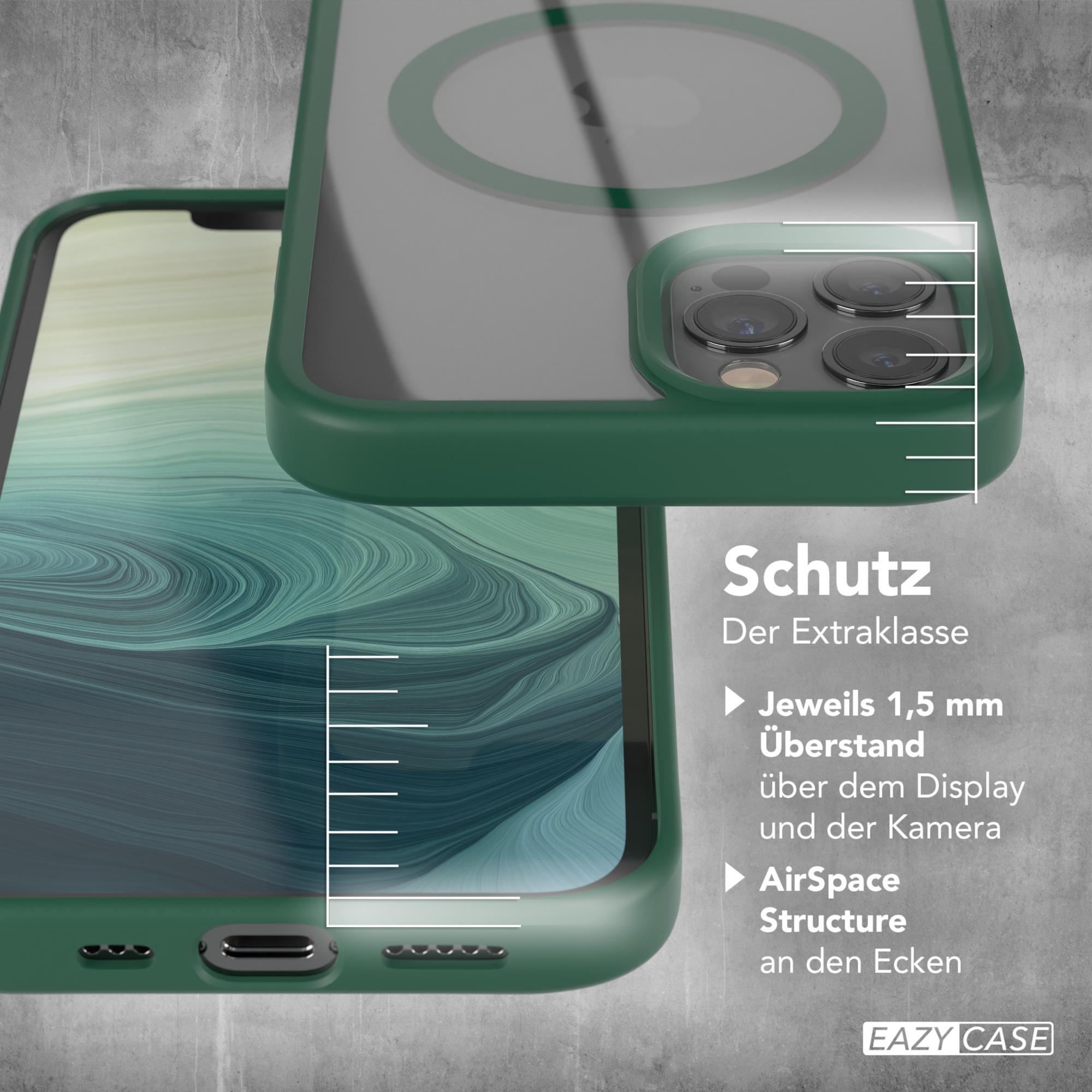 Telefon in grüner Hülle, Text zeigt Schutzfunktionen und Markenlogo.