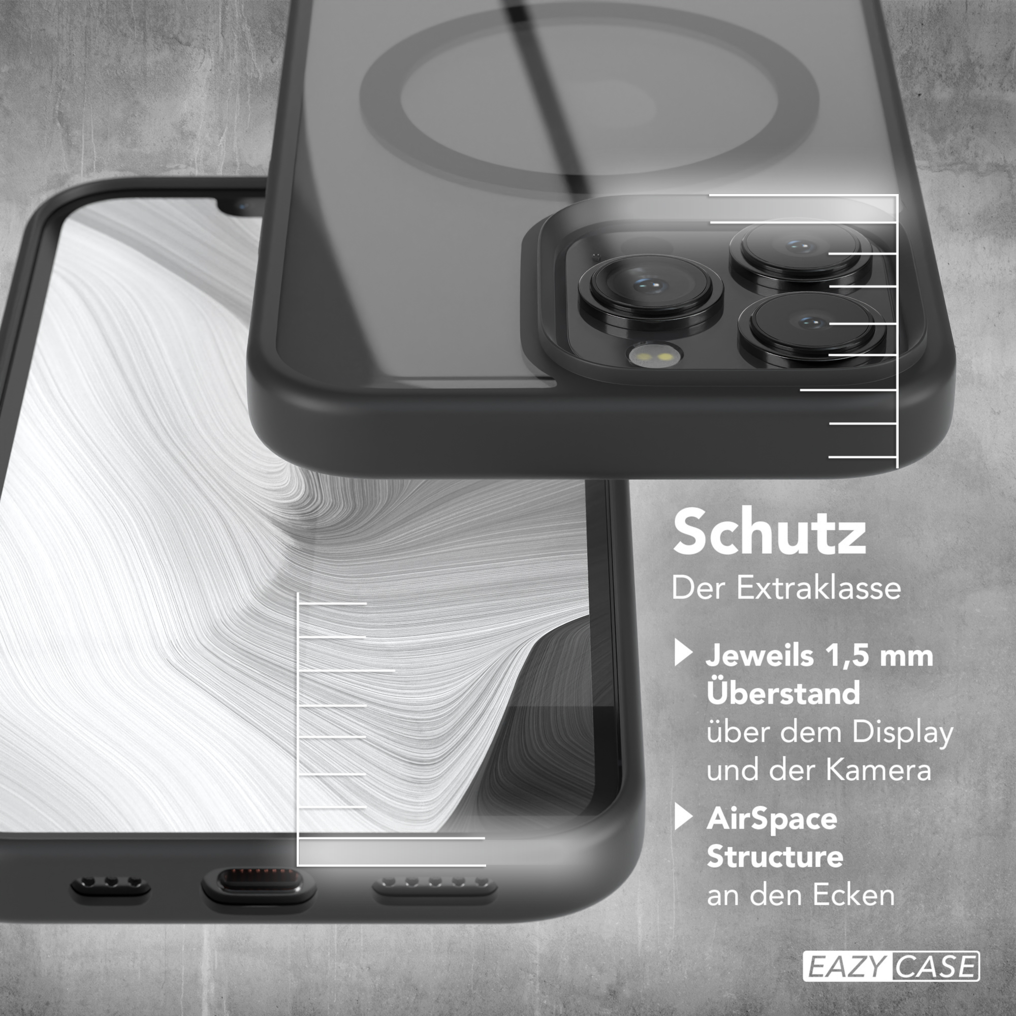 Handyhülle mit Maßen, die den Schutz über Display und Kamera zeigen.