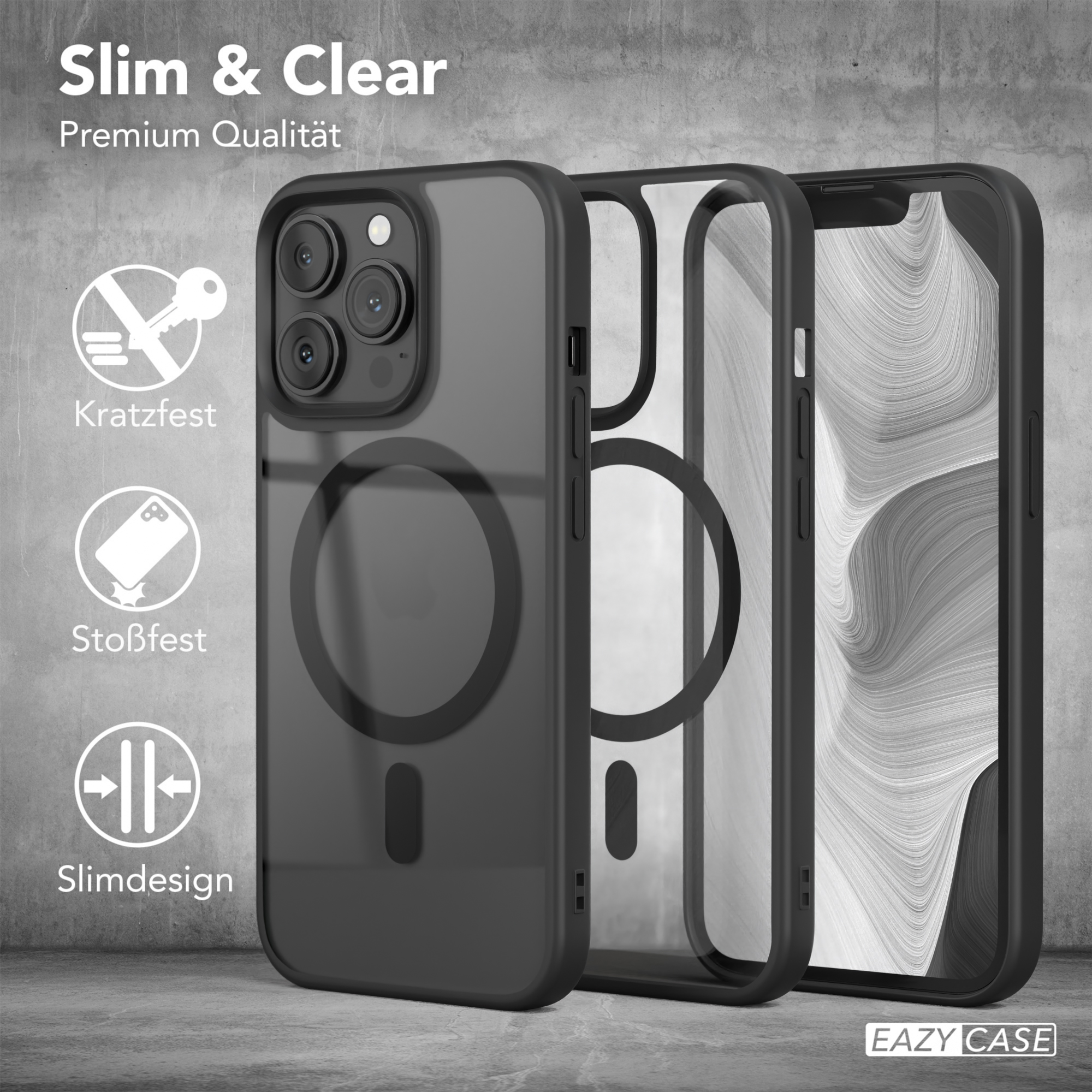 Drei schwarze Handyhüllen. Weißer Hintergrund. Text: Slim & Clear, Kratzfest, Stoßfest, Slimdesign.