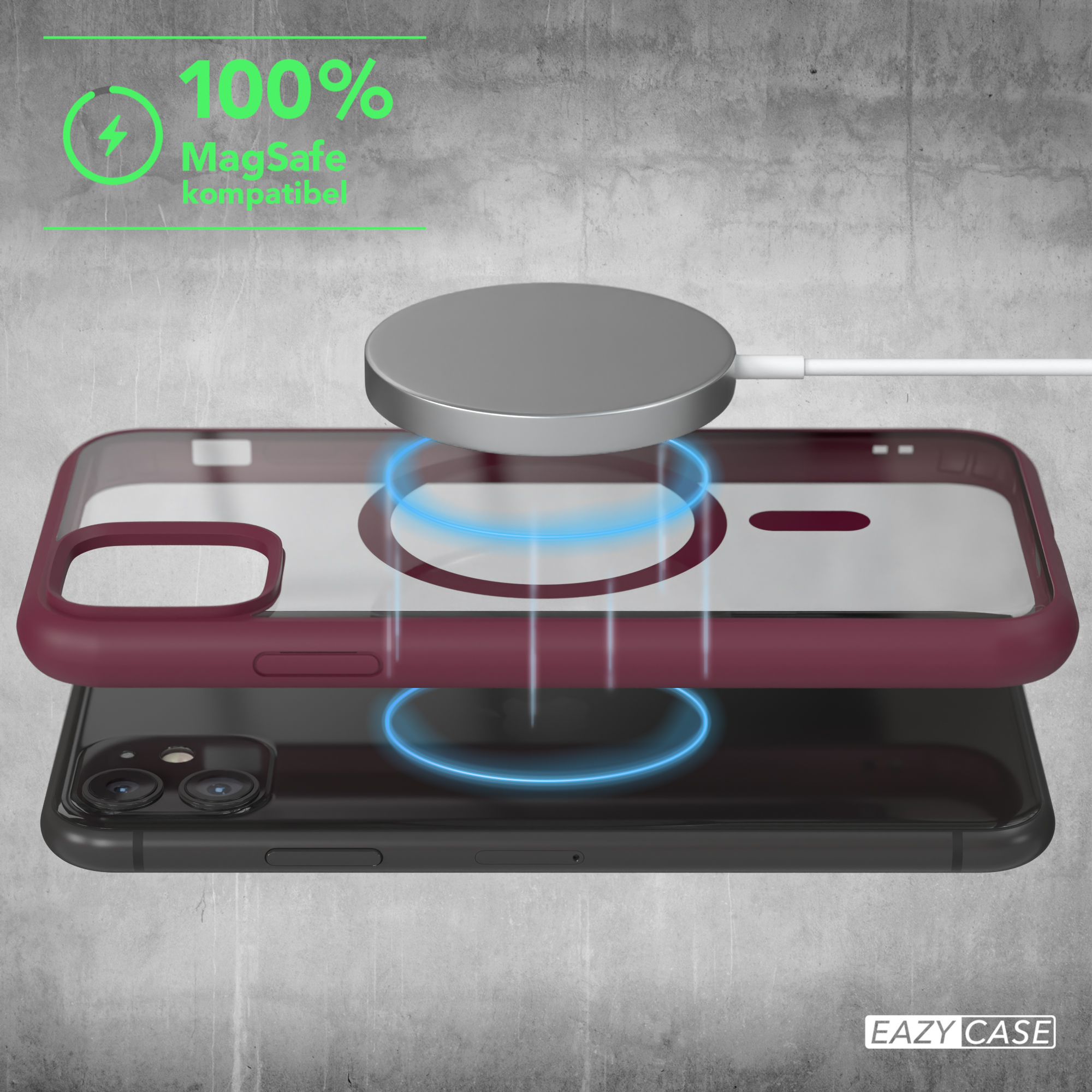 Handyhülle mit magnetischem Ladepad. Eine transparente Hülle zeigt das Telefon.