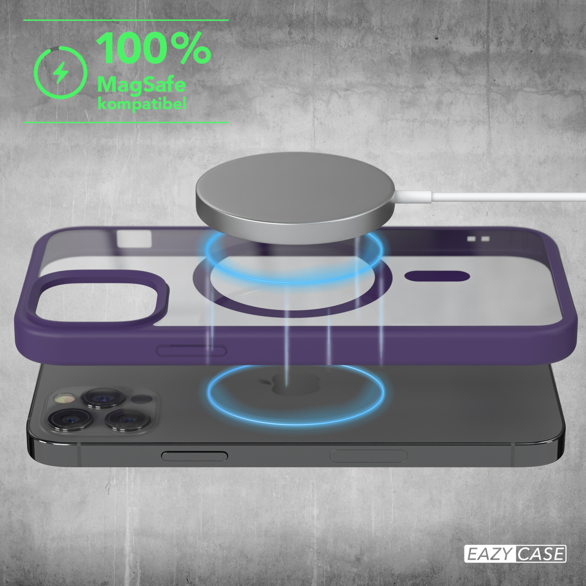 Lila iPhone-Hülle mit MagSafe-Ladegerät, Kompatibilität und iPhone. Transparente Rückseite und Gehäuse.