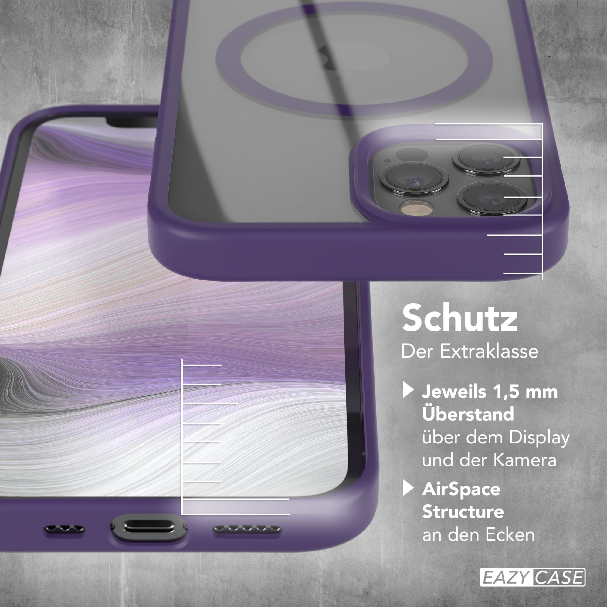 Ein Telefon mit lila Hülle, Nahaufnahme, die Schutz- und Designmerkmale zeigt.