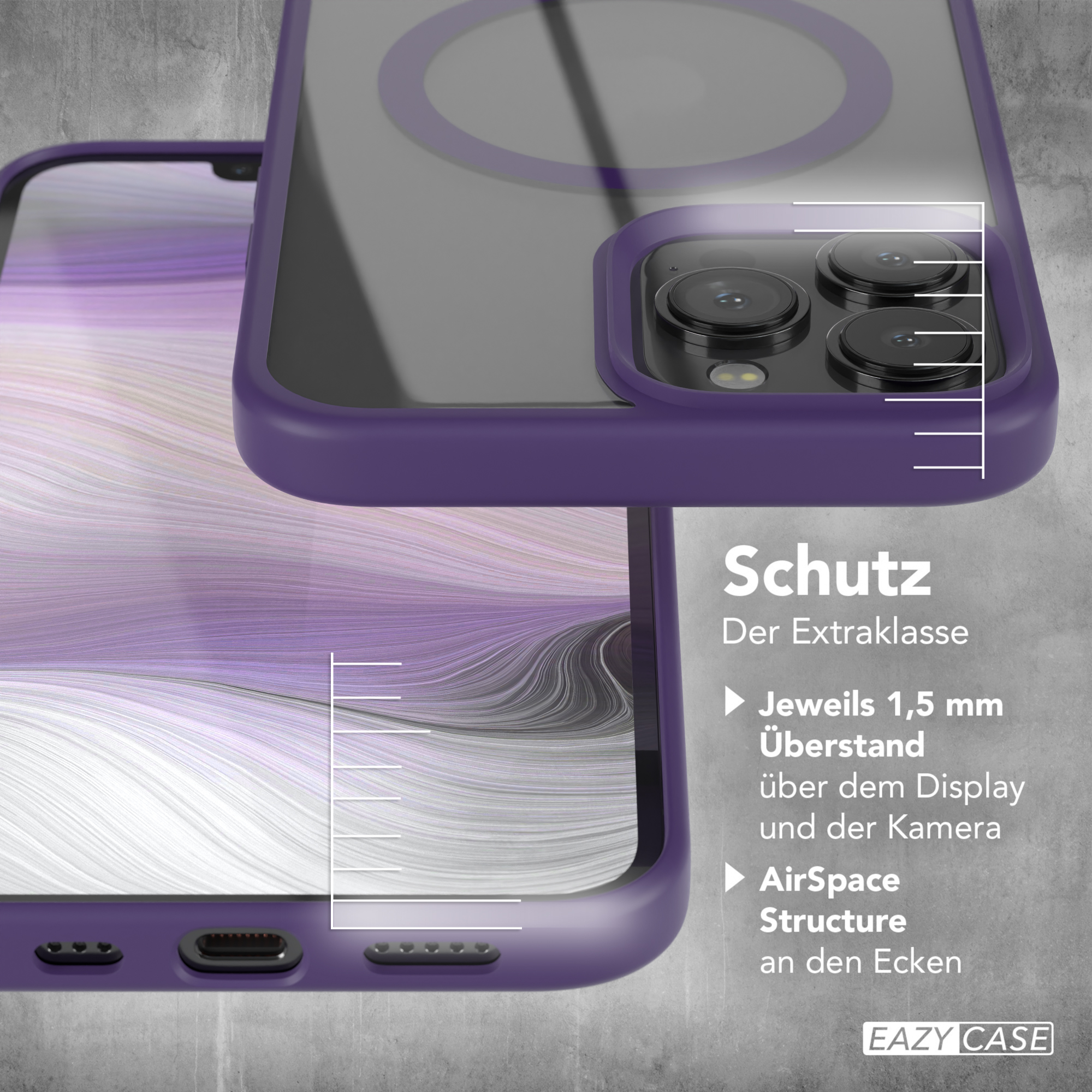 Nahaufnahme einer lila Handyhülle, die ihre Merkmale und Designdetails hervorhebt.
