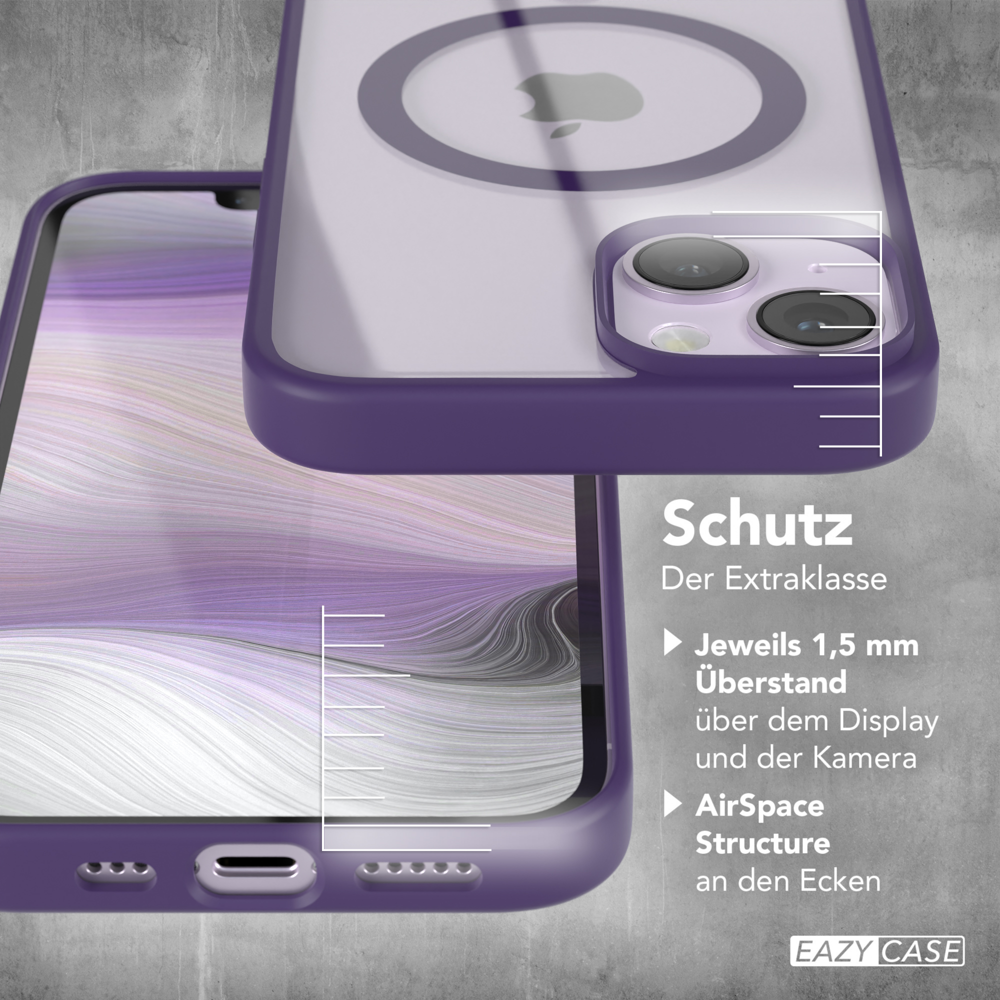 Lila Handyhülle, die ein Telefon schützt. Es zeigt den Kamera- und Bildschirmschutz.