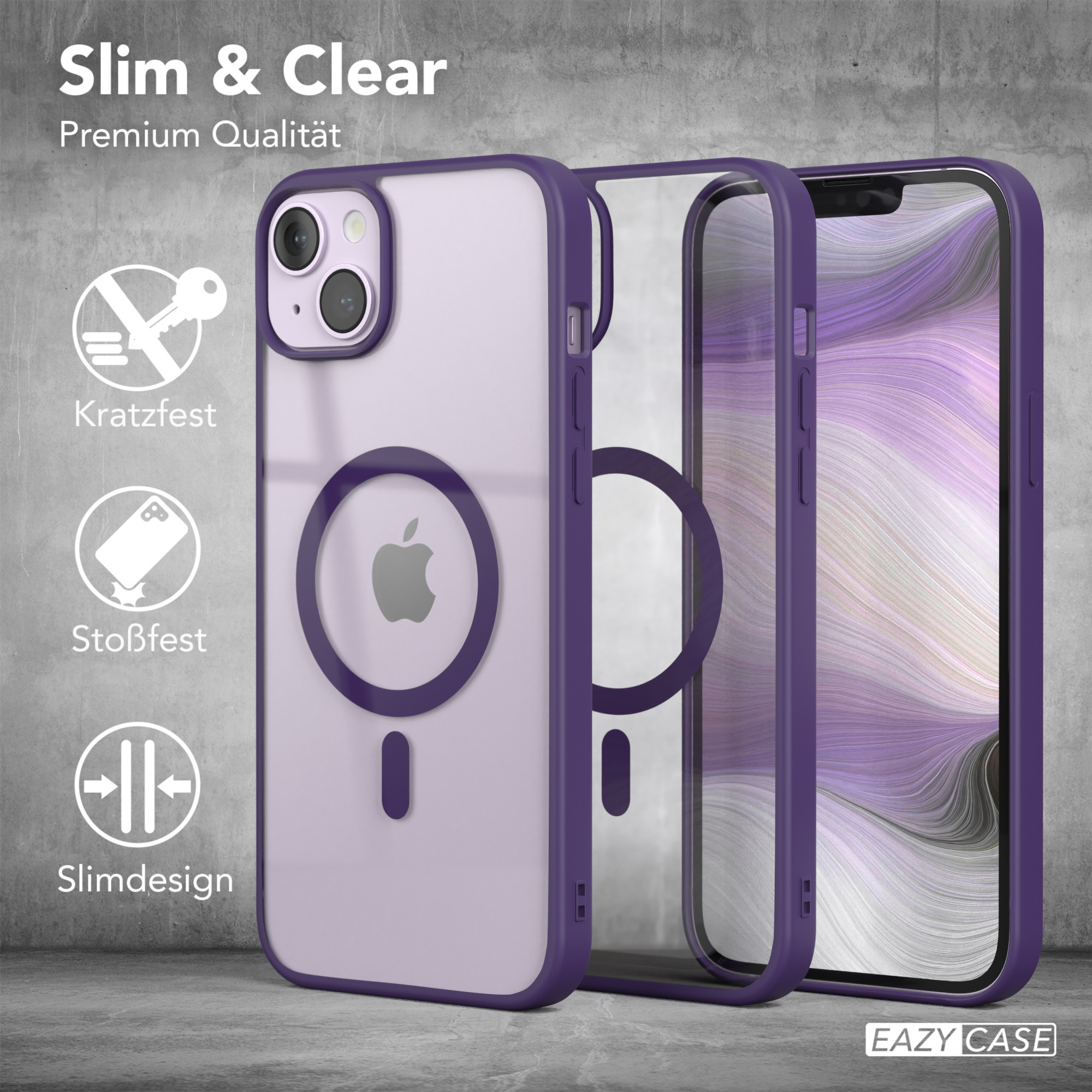 14 EAZY Bumper, Violett Apple, mit Plus, CASE Cover MagSafe, Clear iPhone
