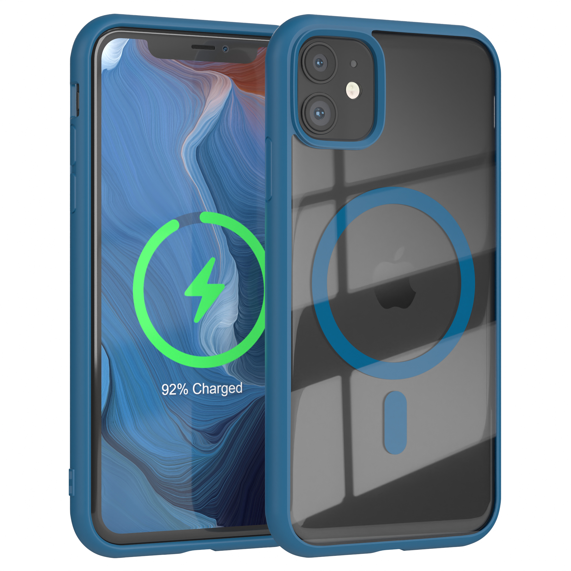 iPhone 11 in blauem Gehäuse mit klarer Rückseite. Der Bildschirm zeigt Ladesymbol.