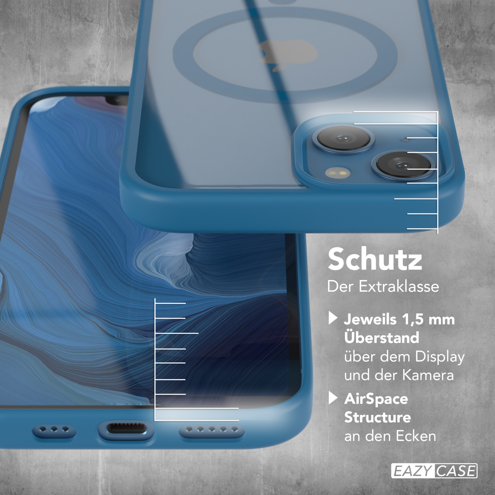 Blaue Handyhülle mit Telefon, Text über Schutz, auf weißem Hintergrund.