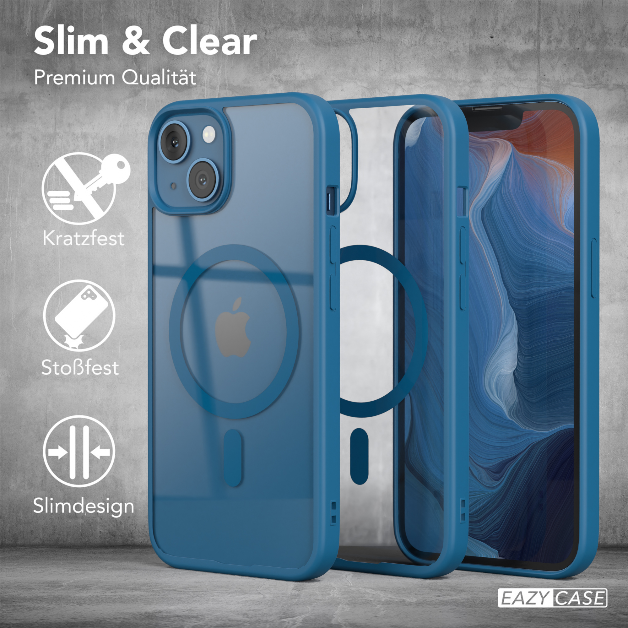 Drei durchsichtige blaue Handyhüllen, eine montiert, eine demontiert, mit dem Apple-Logo sichtbar.