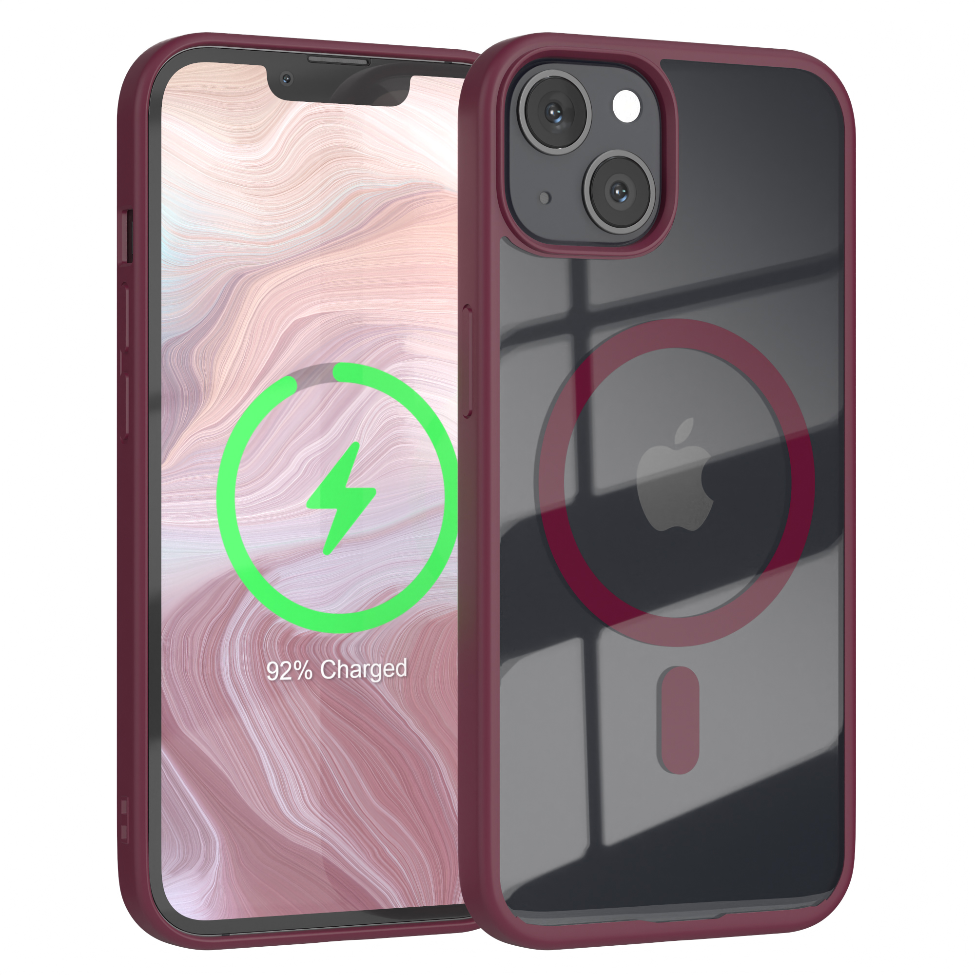 Ein Telefon in einer rot umrandeten Hülle, das einen Ladebildschirm mit grünem Blitz zeigt.