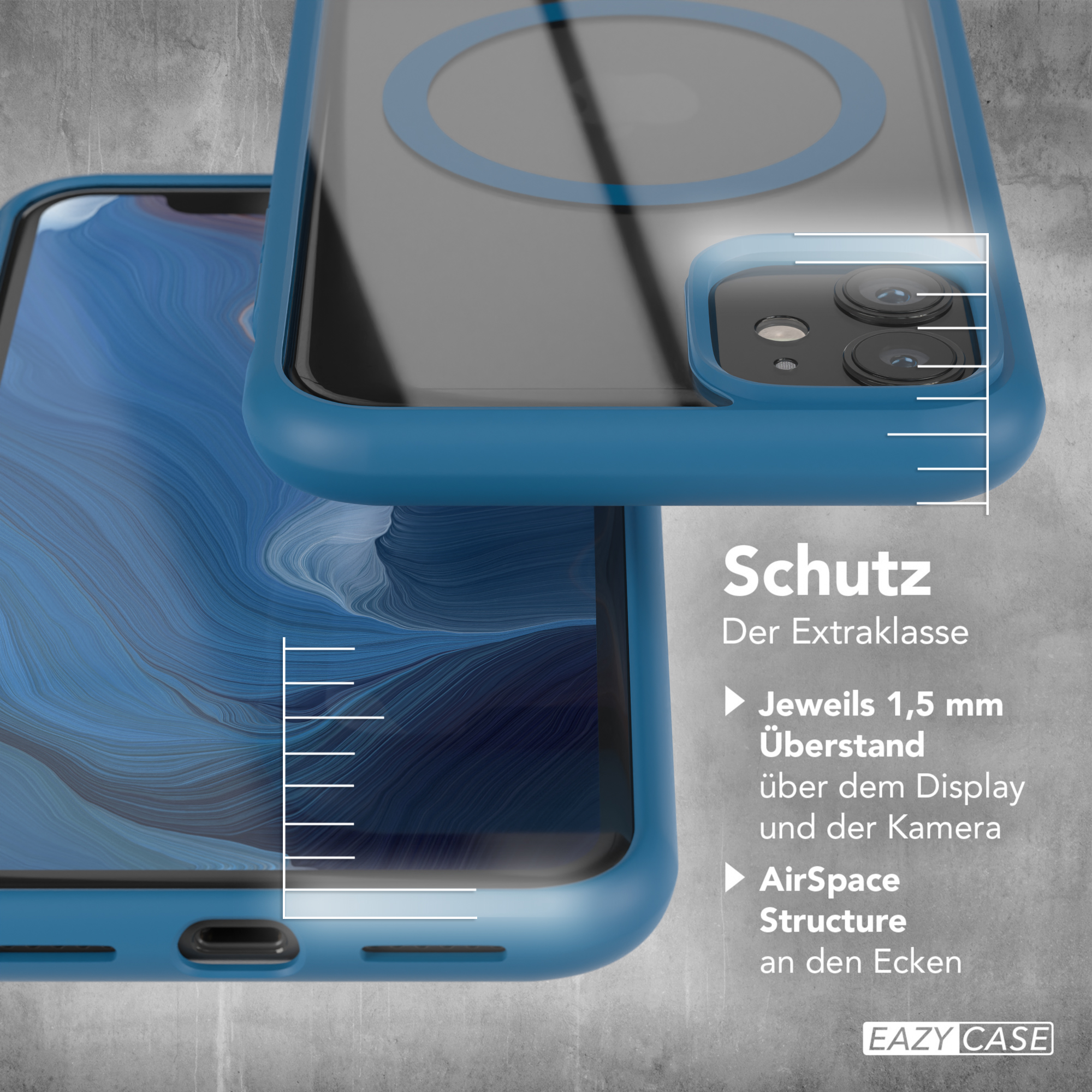 Eine blaue Handyhülle, die ein Telefon mit sichtbarem Bildschirm schützt. Die Hülle hat eine klare Rückseite.