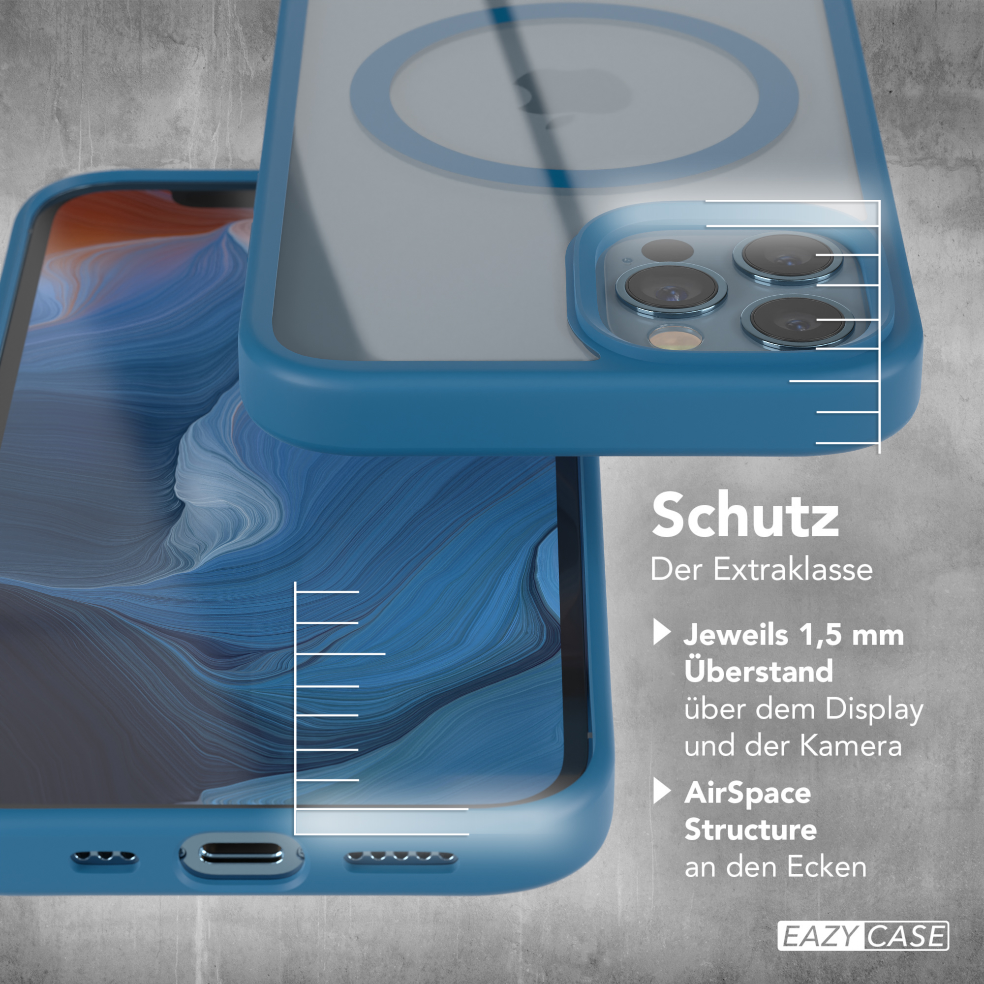 Blaue Handyhülle mit durchsichtigem Rücken. Die Hülle ist über einem Telefon und zeigt Kamera und Bildschirm. Weißer Hintergrund.