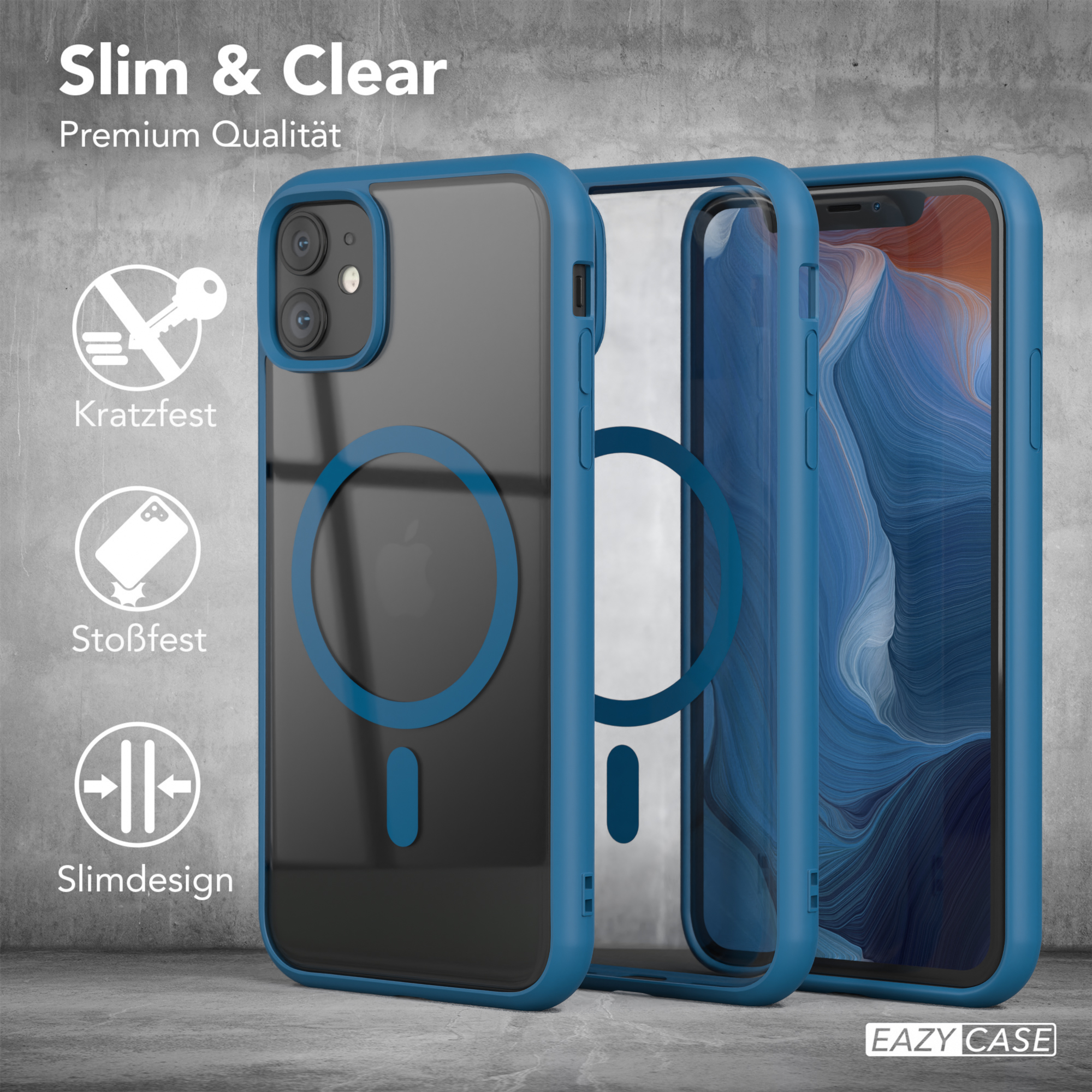 Drei Handyhüllen, blau und transparent, mit Telefonen darin, verschiedene Symbole werden gezeigt.