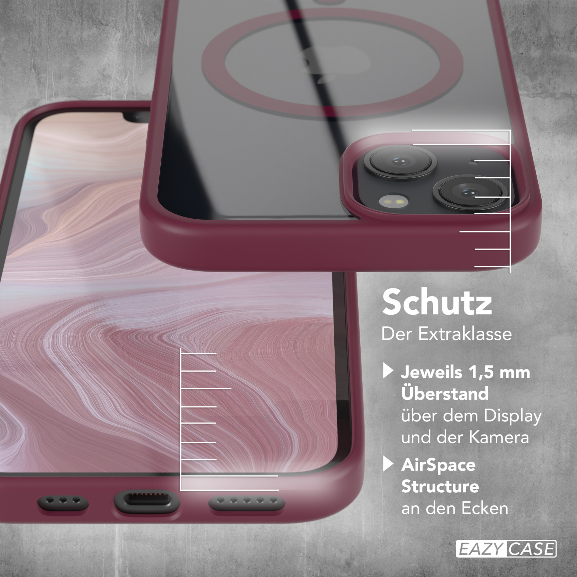 Zwei Handyhüllen. Burgunderfarbe. Text über Schutz. Grauer Wandhintergrund.