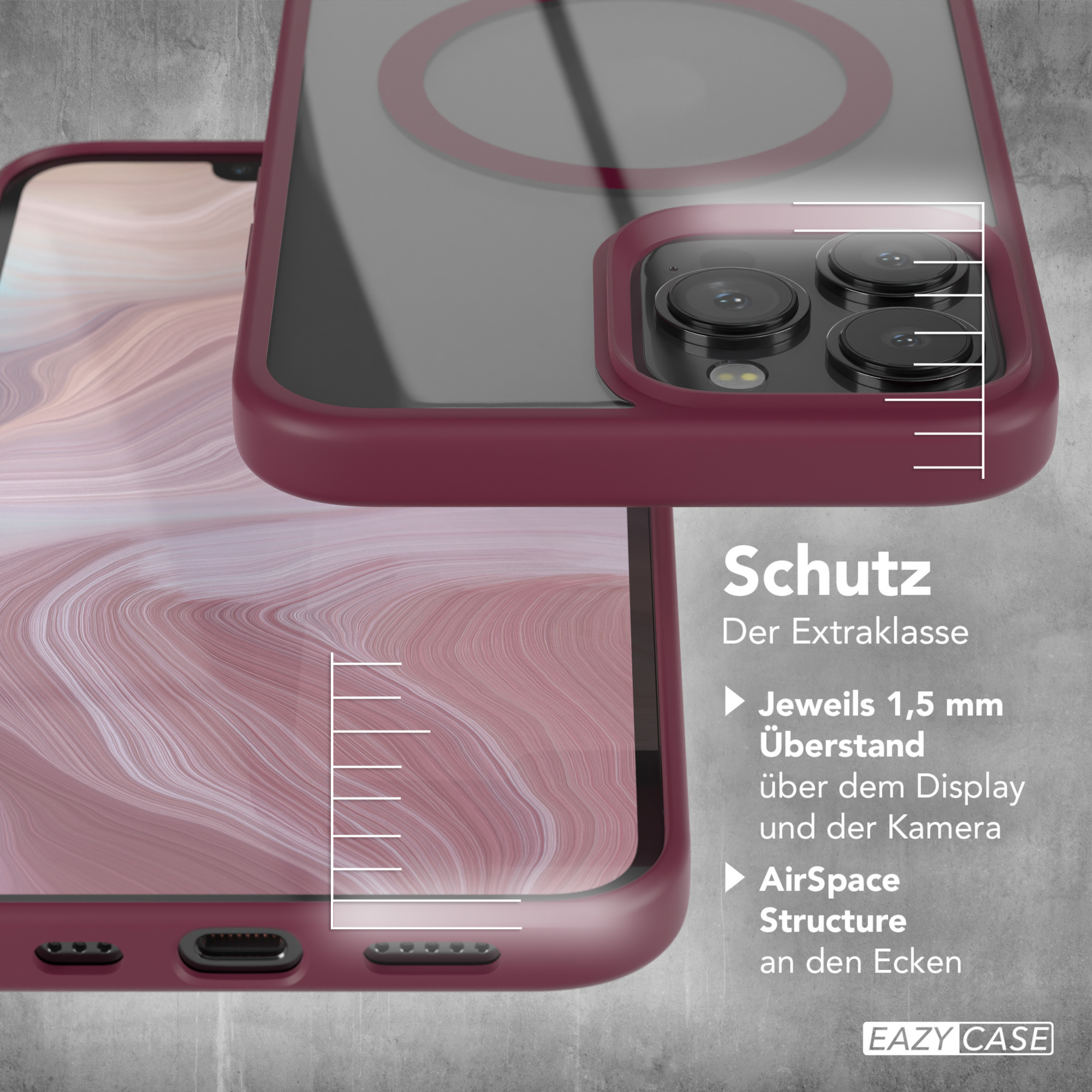 Burgunderfarbene Handyhülle. Zeigt Telefon und Text: Schutz, AirSpace Structure und 1,5 mm über dem Display.