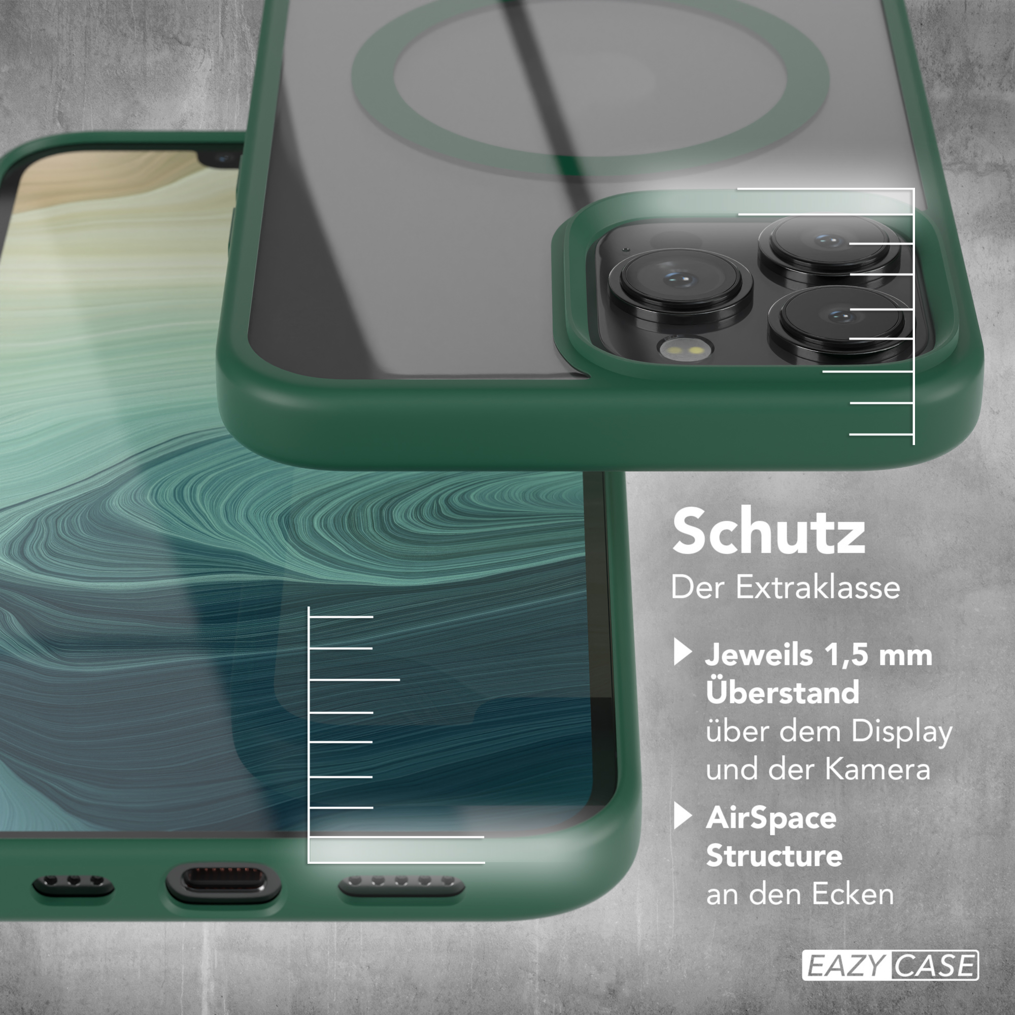 Grüne Handyhülle auf einem Telefon. Text sagt 'Schutz', mit Aufzählungspunkten zum Schutz.