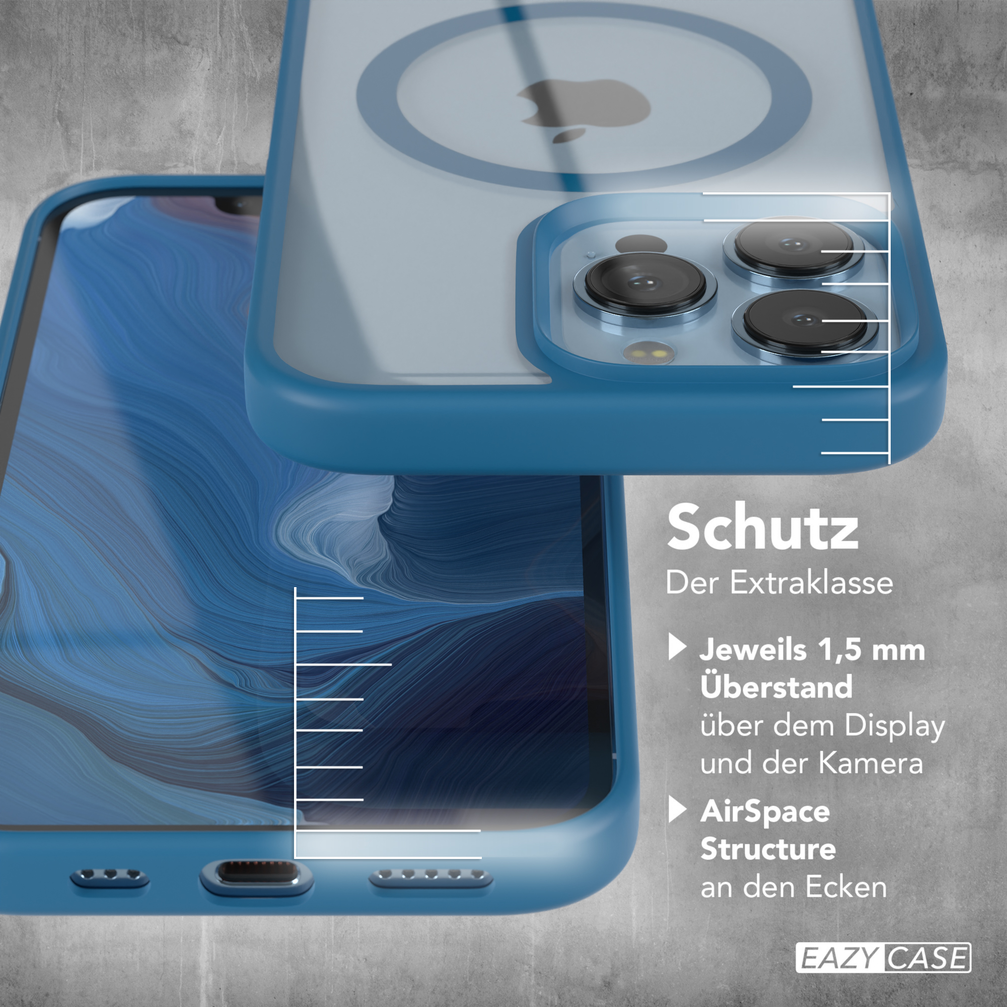 Blaue Handyhülle mit einer Hülle darüber, die den Kamerabereich und Text zeigt.