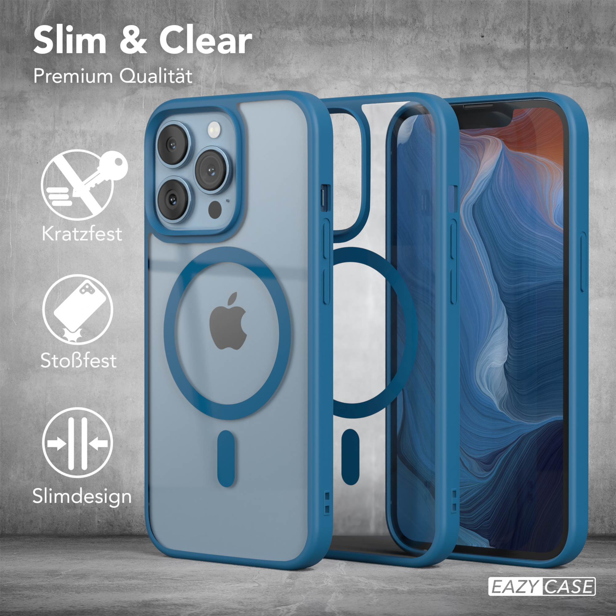 Blaue Handyhüllen mit iPhone. Hülle zeigt Merkmale wie schlankes Design.