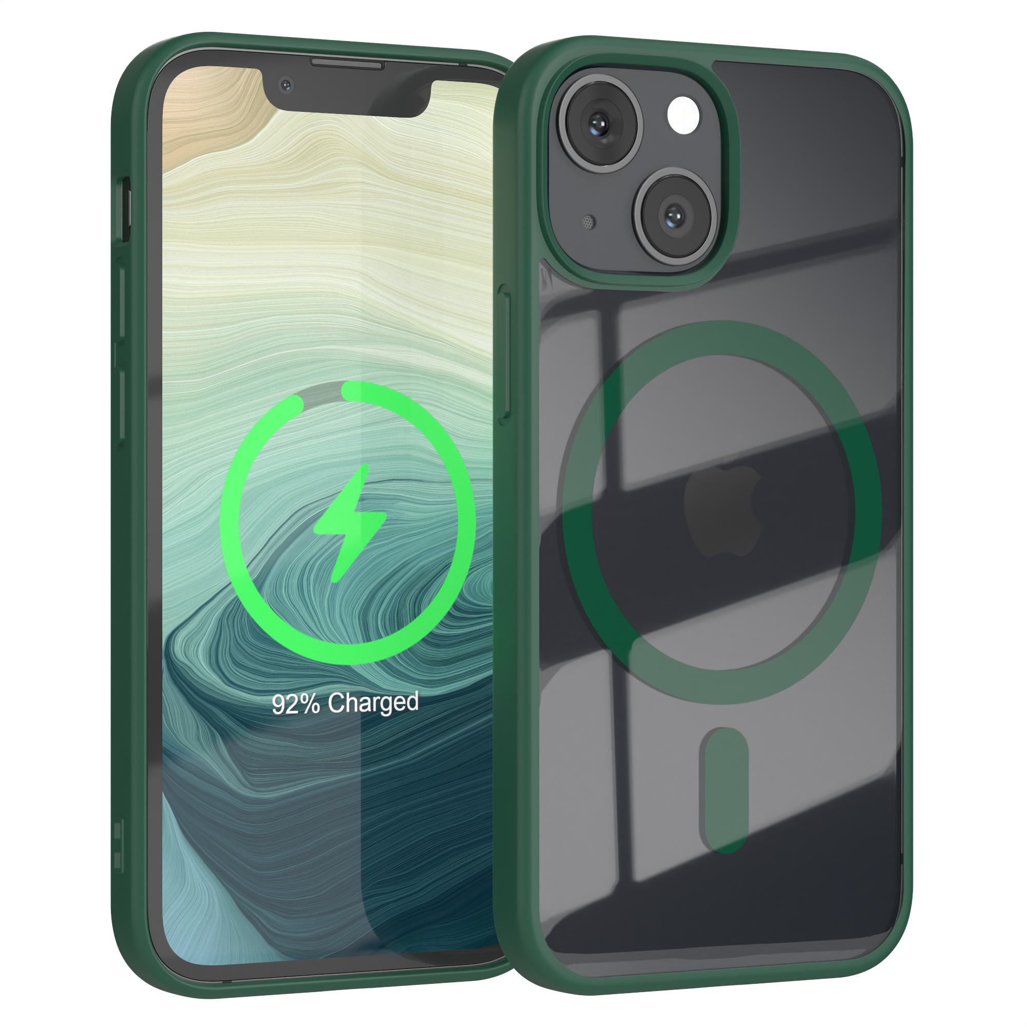 Grüne Handyhülle auf einem Telefon, Rückseite sichtbar. Hülle zeigt Lade-Logo, Text '92% geladen'.