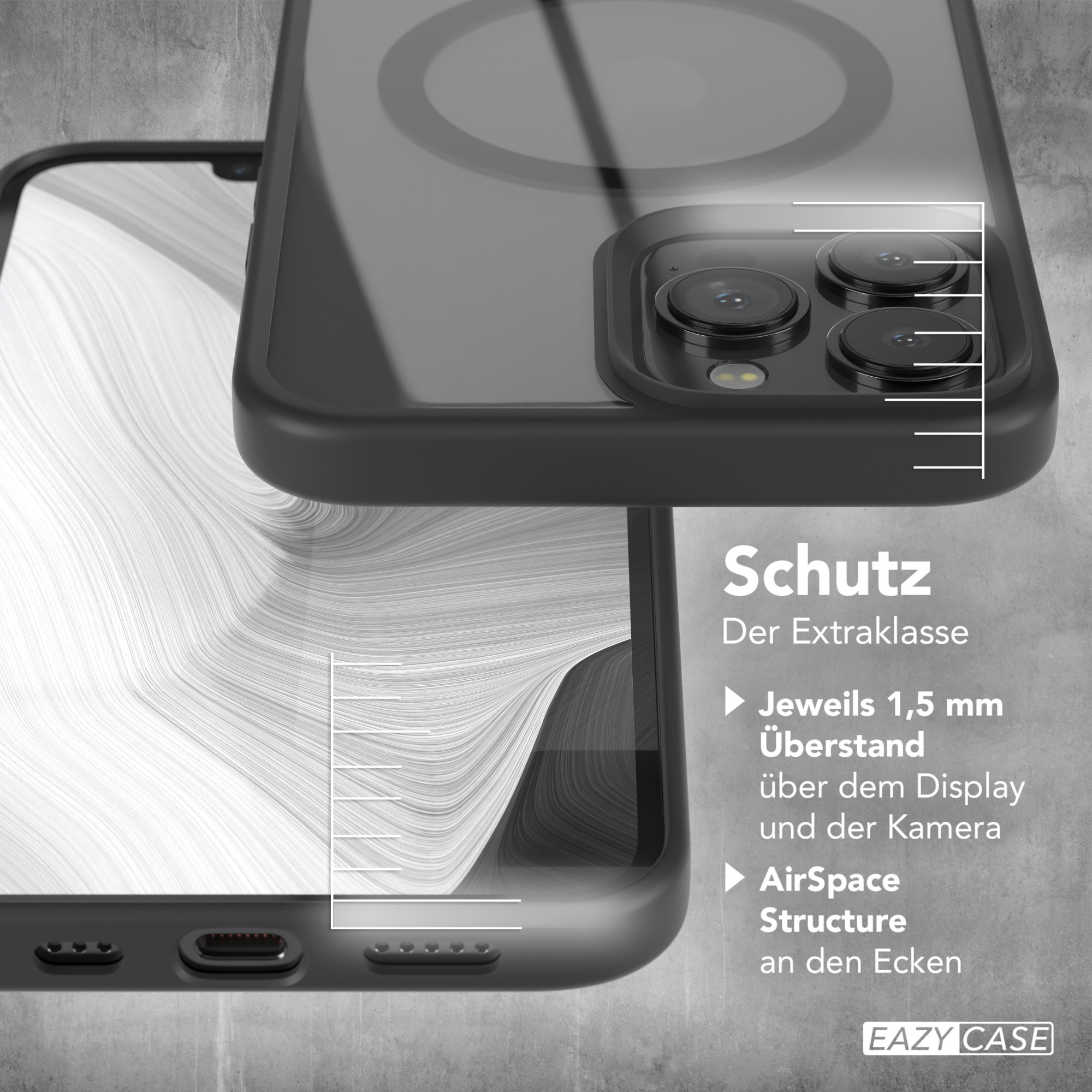 Nahaufnahme einer Handyhülle mit Schutzfunktionen und Maßen für Bildschirm und Kamera.