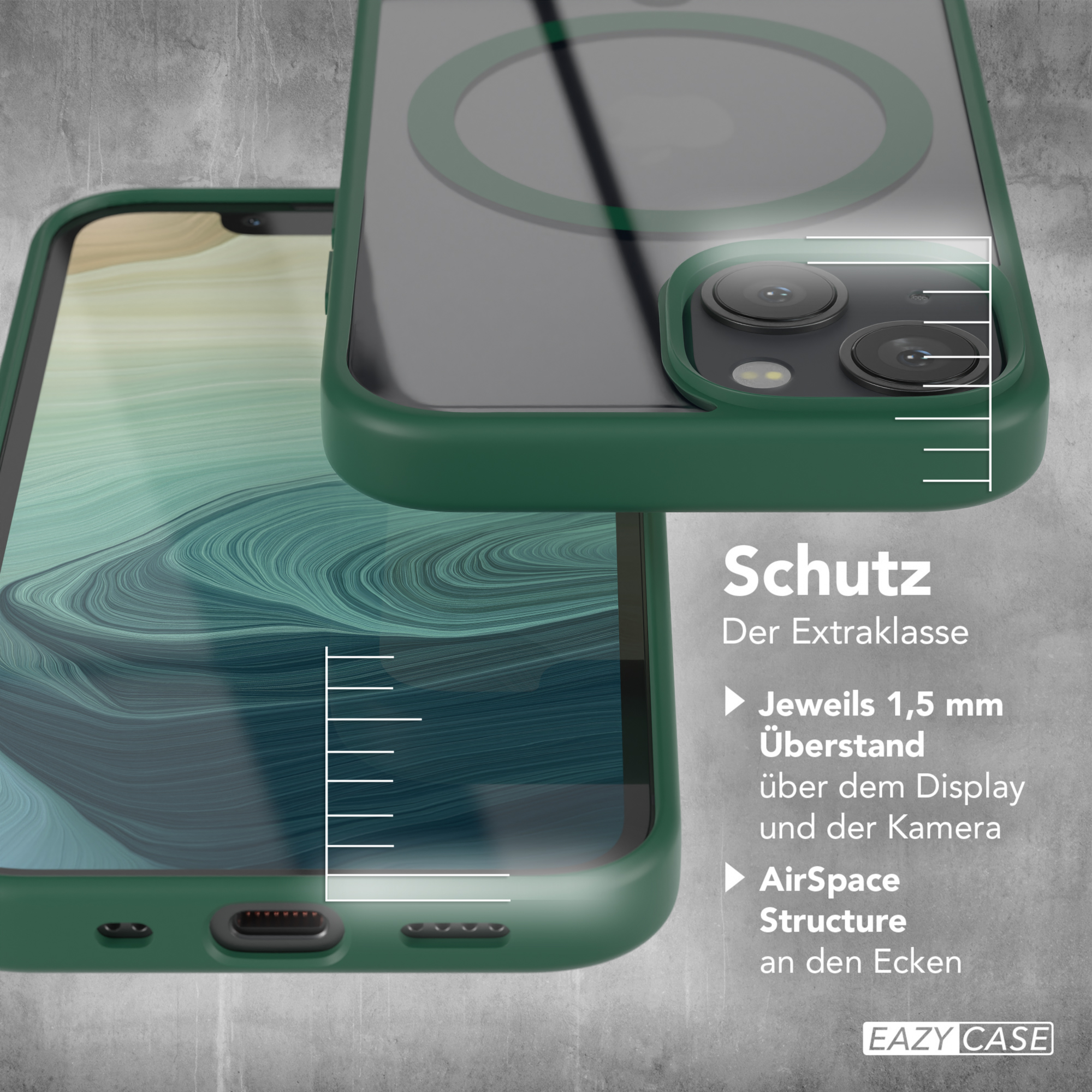 Eine grüne Handyhülle mit klarer Abdeckung und Telefon, Text beschreibt Schutz.