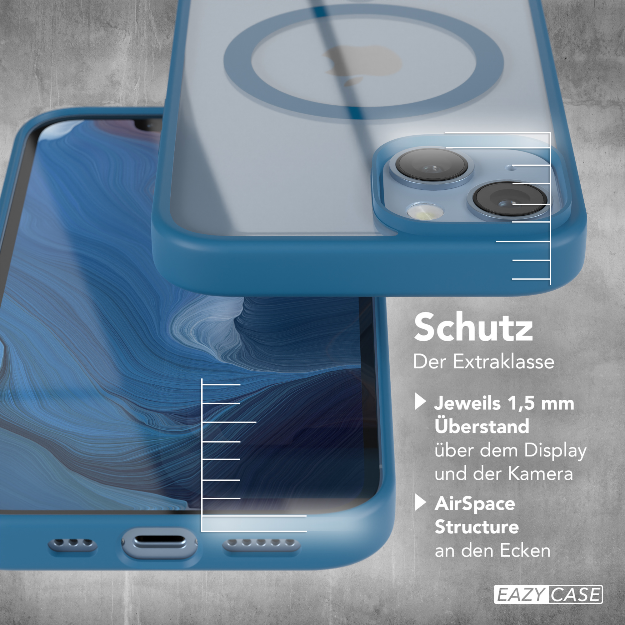 Zwei Handyhüllen. Blaue Hülle über dem Telefon zeigt weißes Apple-Logo und Schutzmaße.