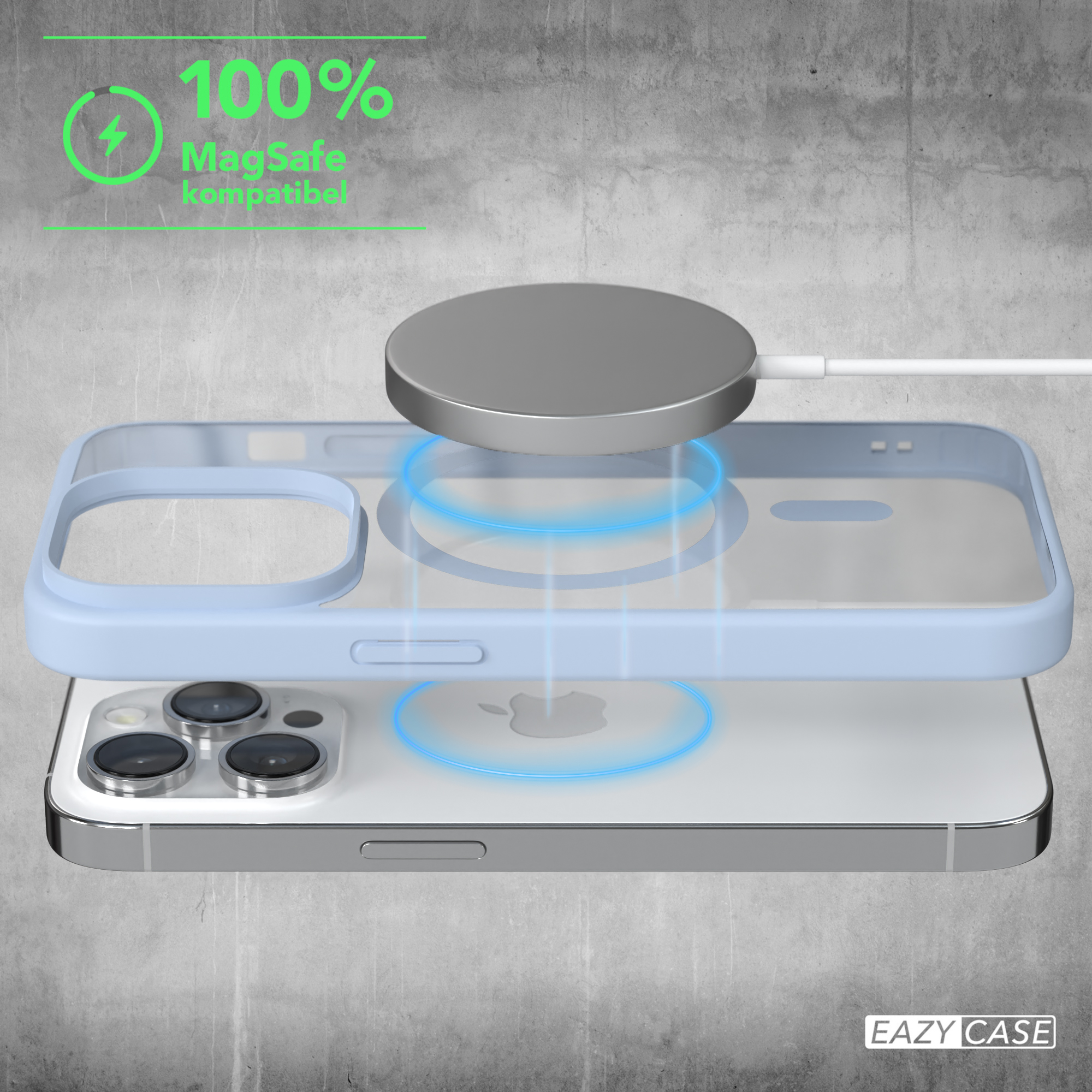 Handyhülle mit MagSafe. Blaue Hülle, transparenter Rücken. Aufladen mit silberner Scheibe.