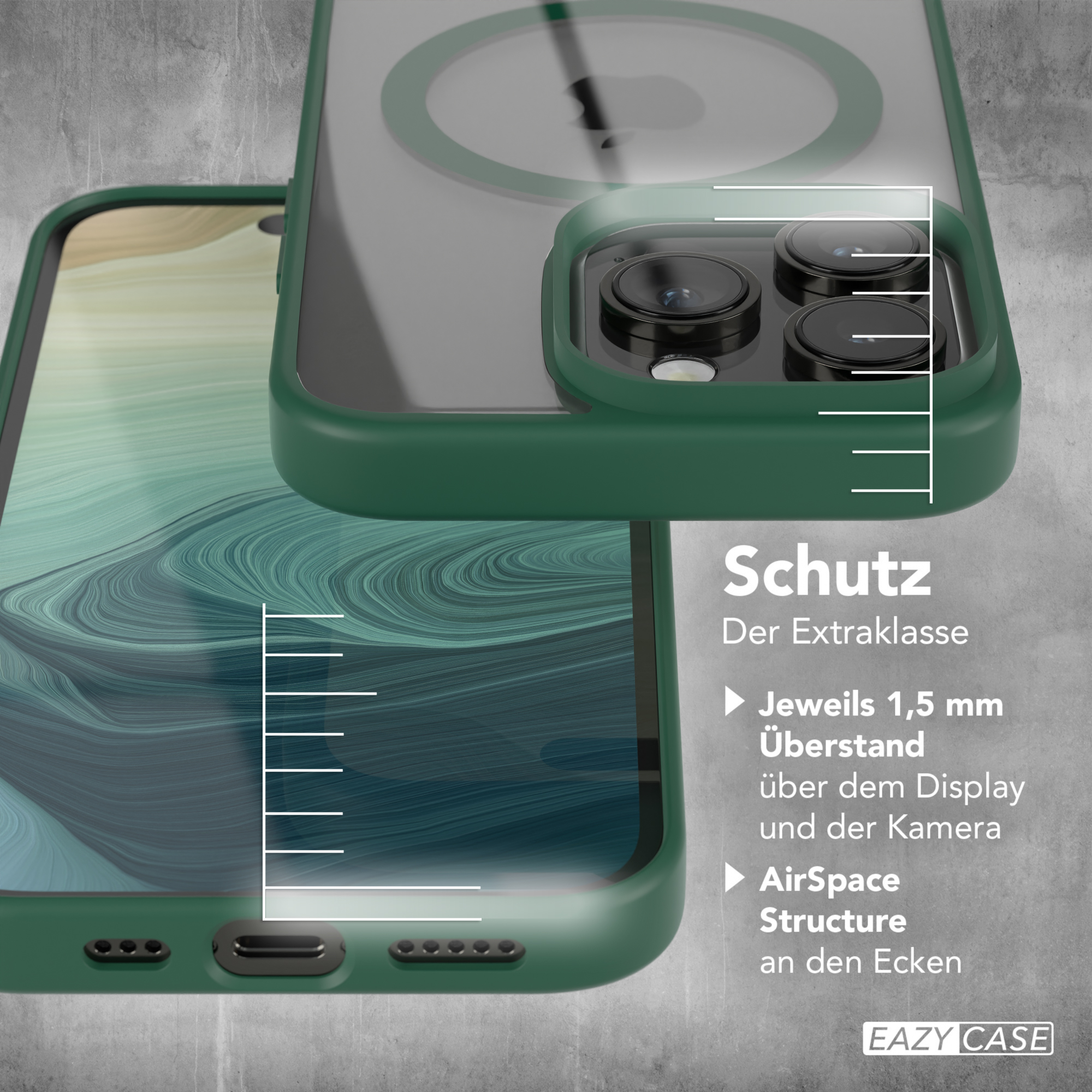 Zwei Handyhüllen, grün und lila, mit Schutzeigenschaften, beschrieben in deutschem Text.
