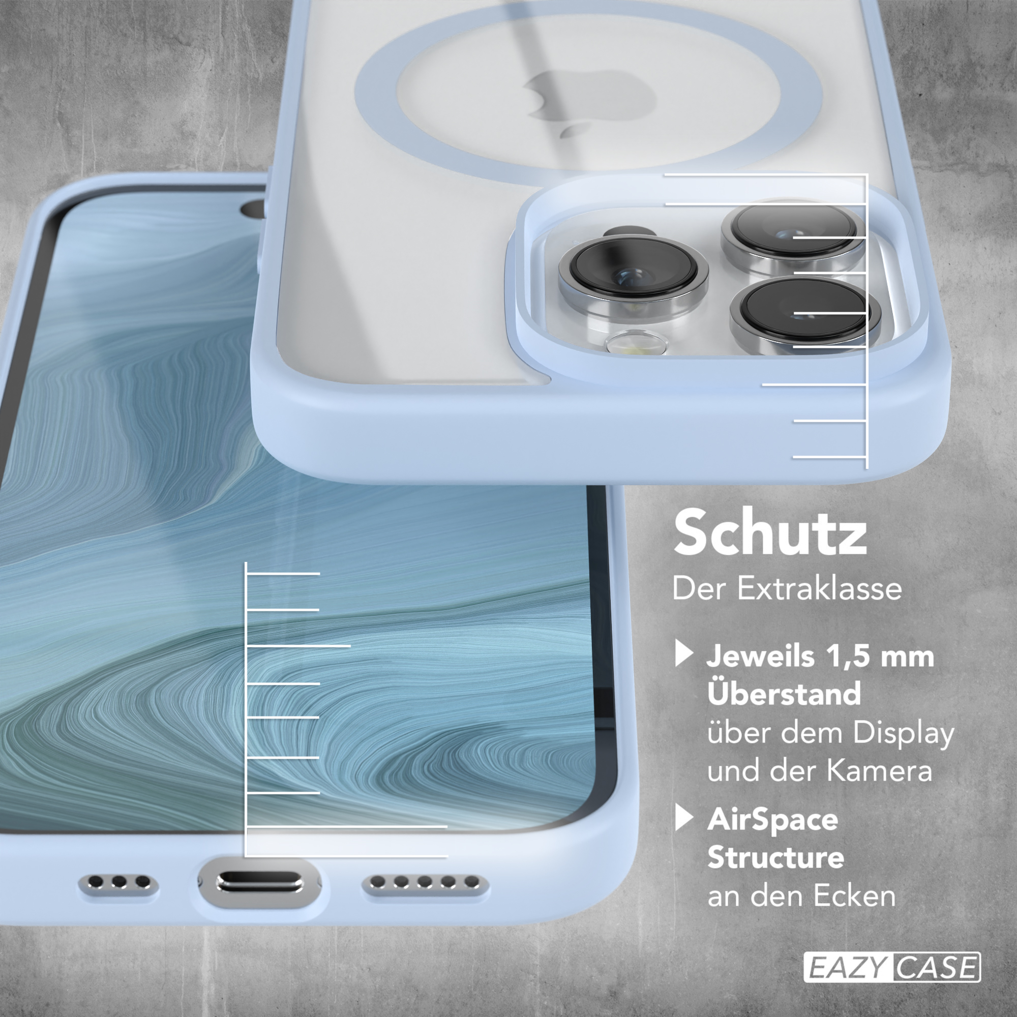 Handyhülle auf einem Handy. Blaue Hülle mit durchsichtigem Rücken. Messungen werden angezeigt.