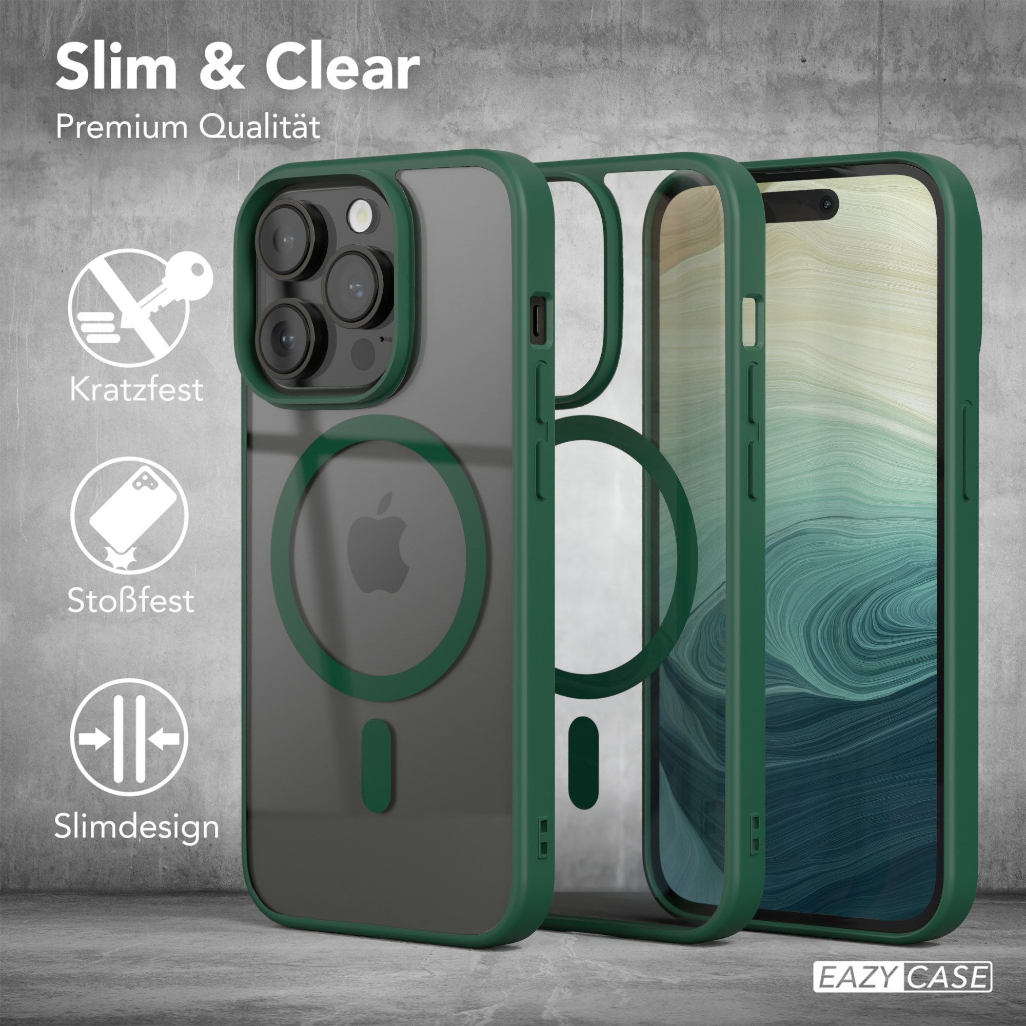 Grüne Handyhülle mit einem Telefon und anderen Hüllen. Transparente Hülle mit grünem Rand.