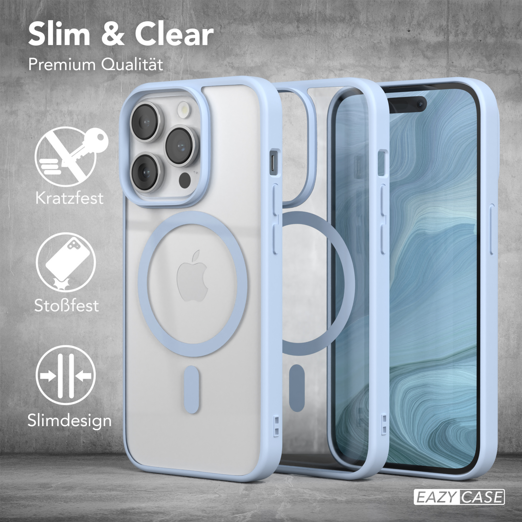 Drei Handyhüllen, hellblau und transparent, mit Telefonen darin, verschiedene Symbole werden gezeigt.