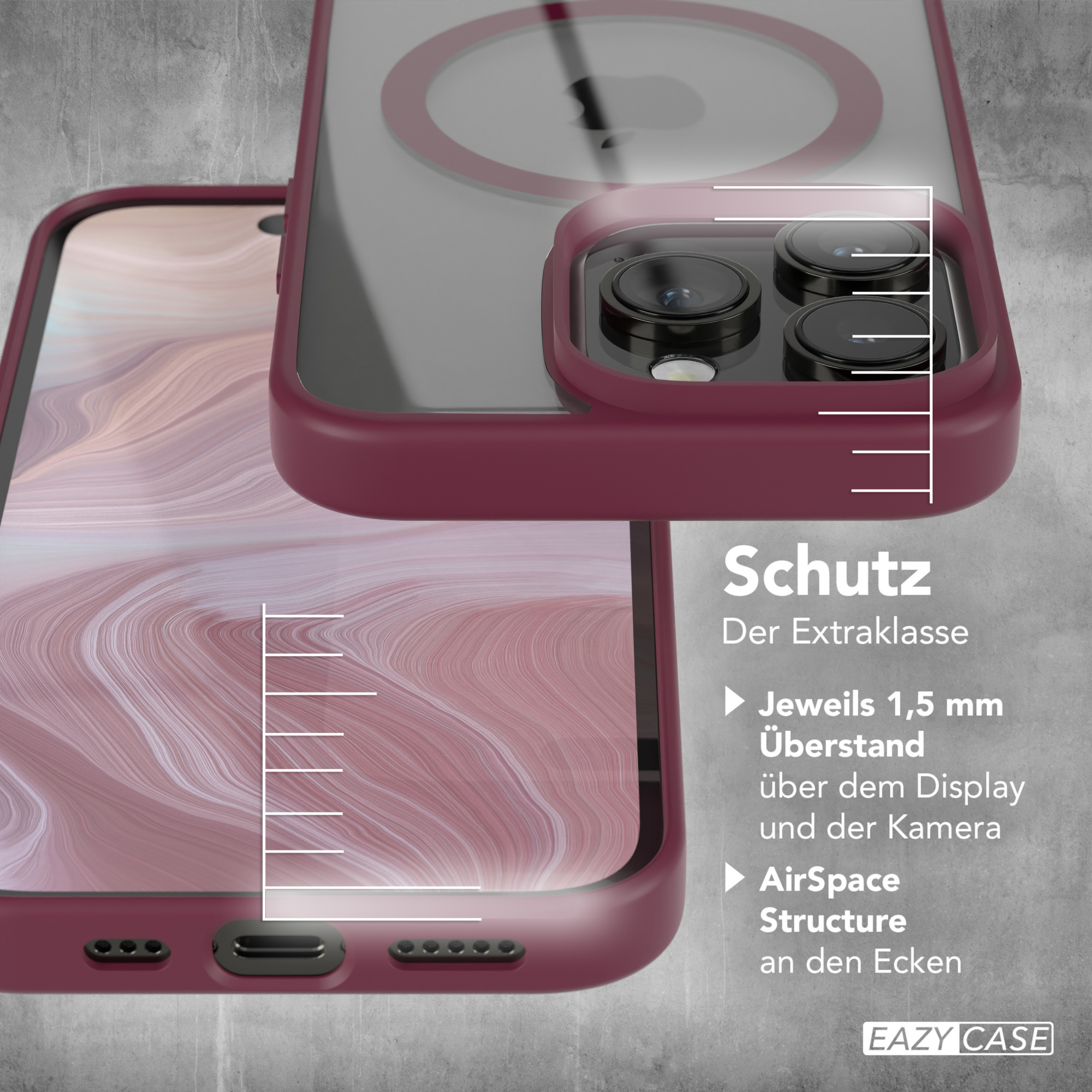 Handyhülle auf einem Telefon, die die Kamera zeigt. Die Hülle ist weinrot. Text lautet 'Schutz'.