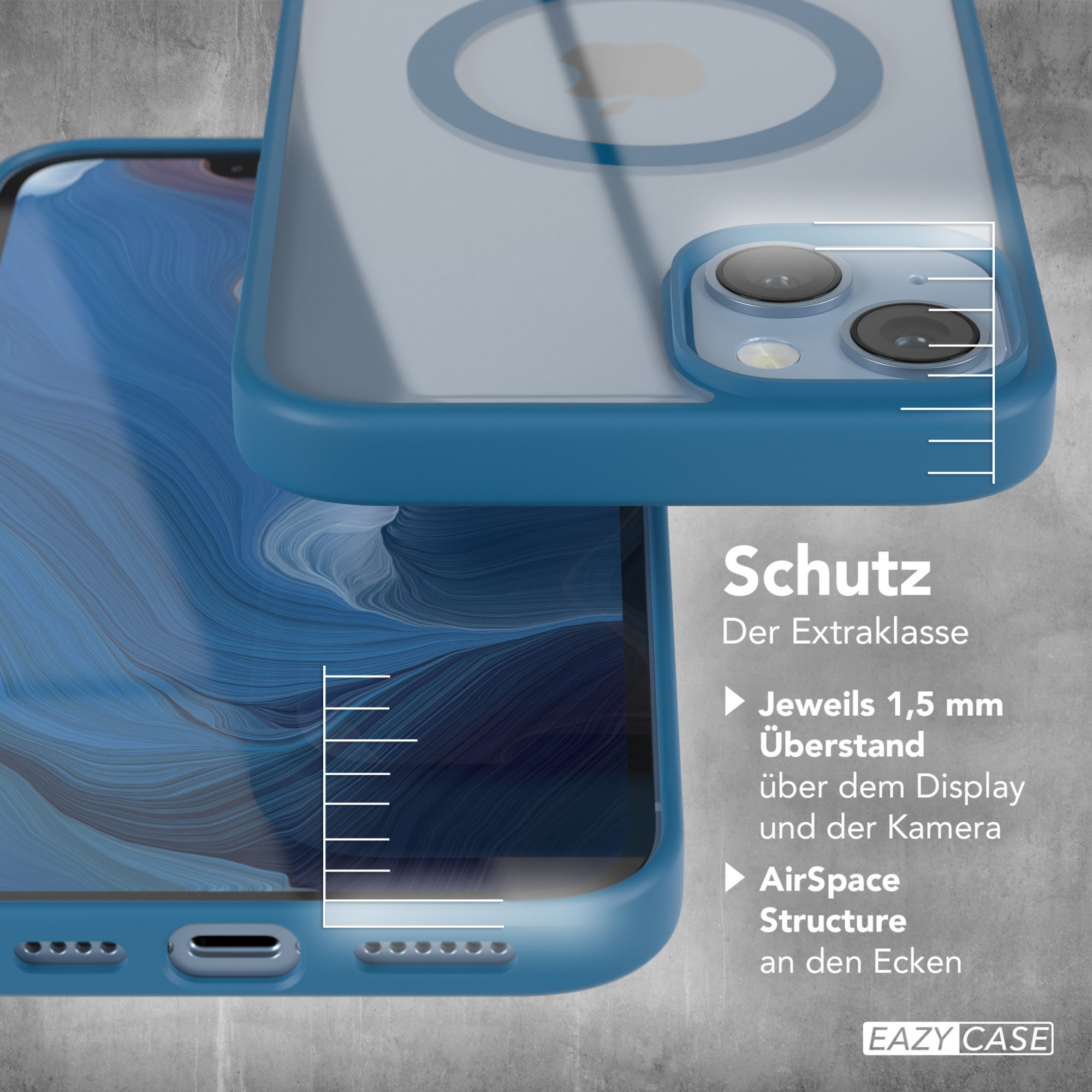 Blaue Handyhülle mit durchsichtigem Rücken und Magnetring. Das Telefon ist im Inneren sichtbar.