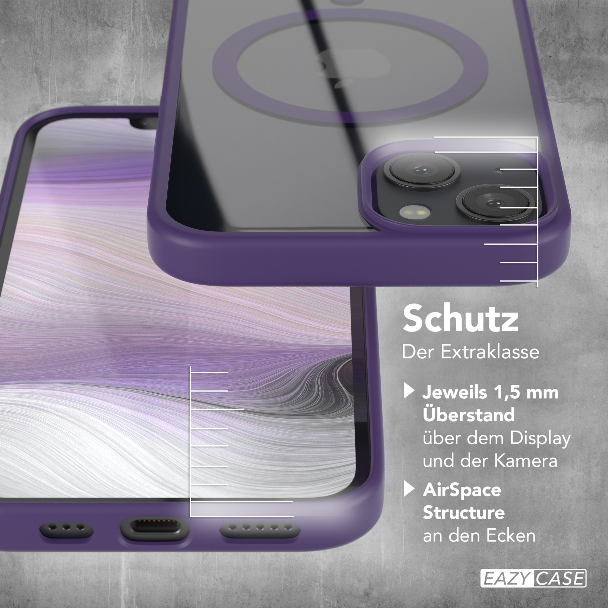 Lila Handyhülle mit Telefon, Text über Schutz.