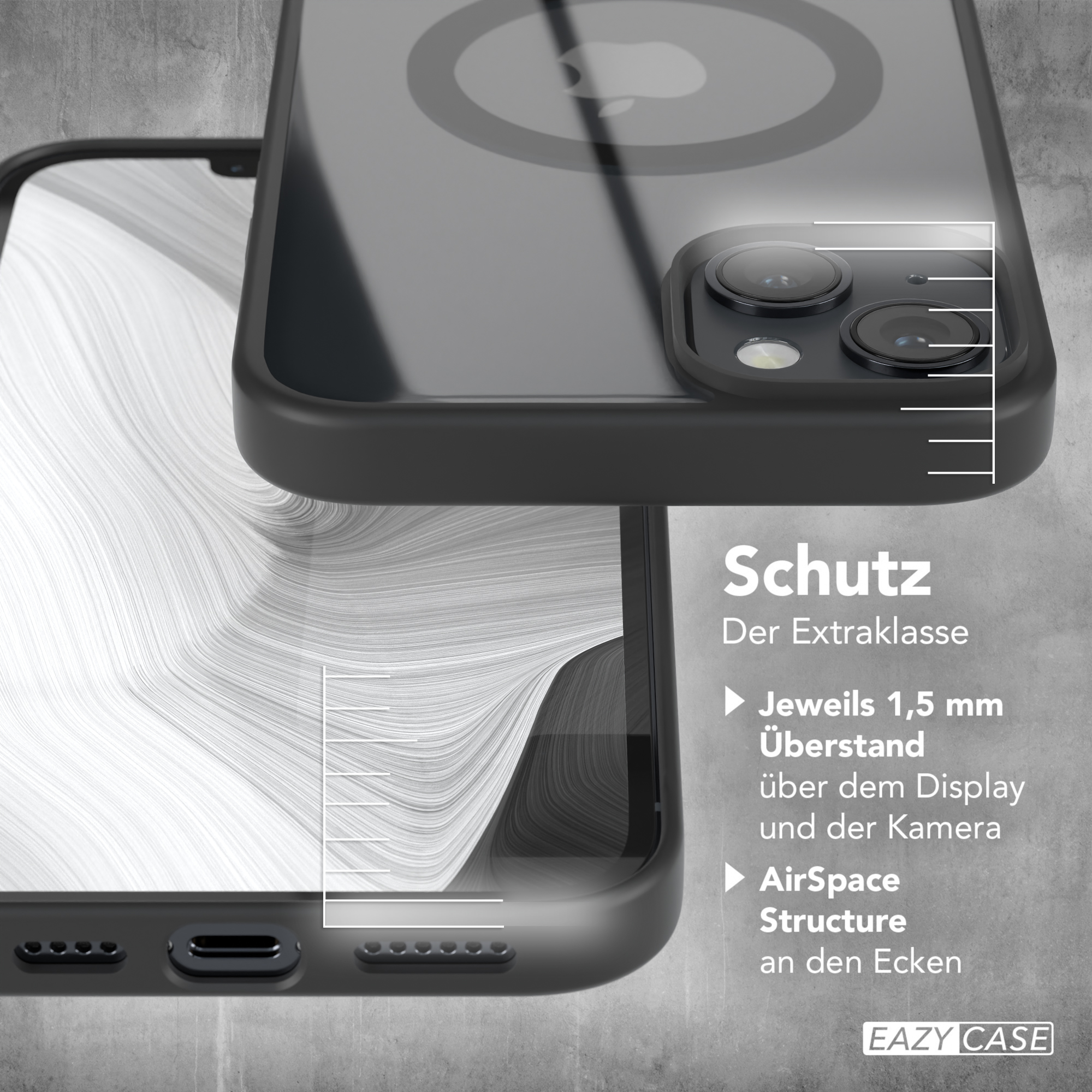 Schwarze Handyhülle vor weißem Hintergrund. Text zu Schutzeigenschaften und Handy-Umriss.