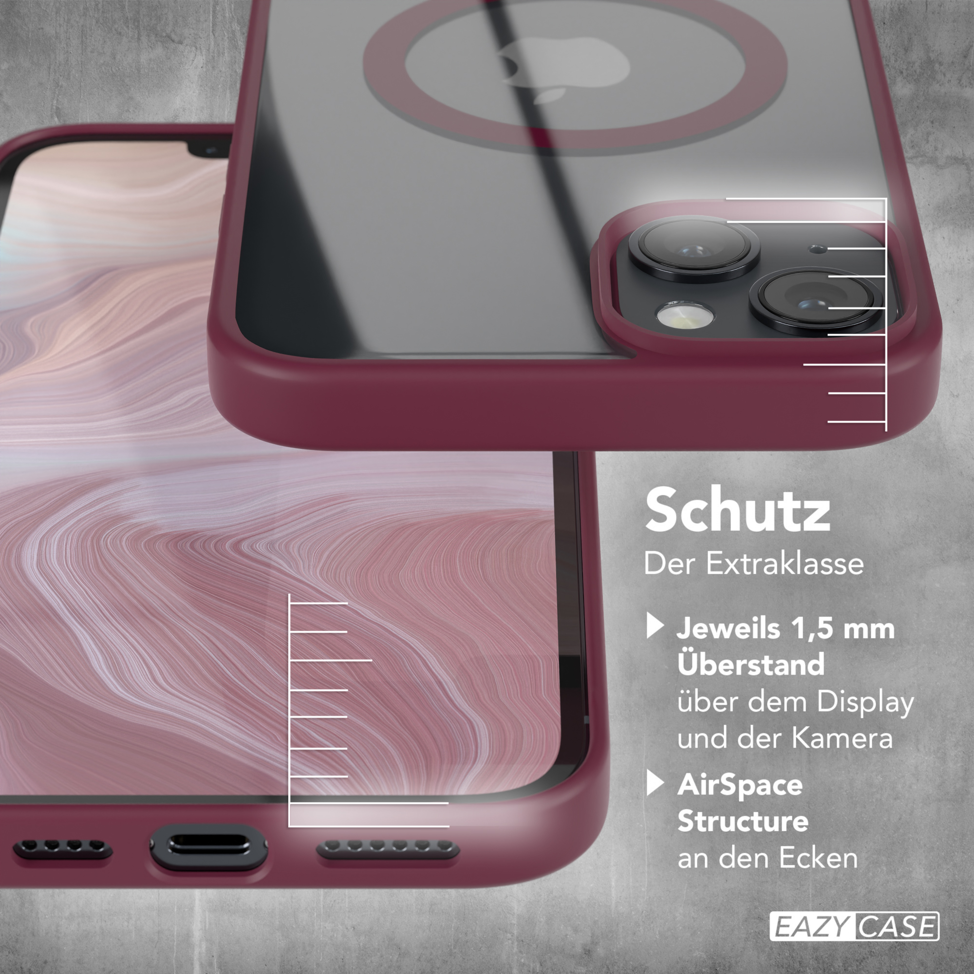 Nahaufnahme einer weinroten Handyhülle mit Telefon, Detailansicht.