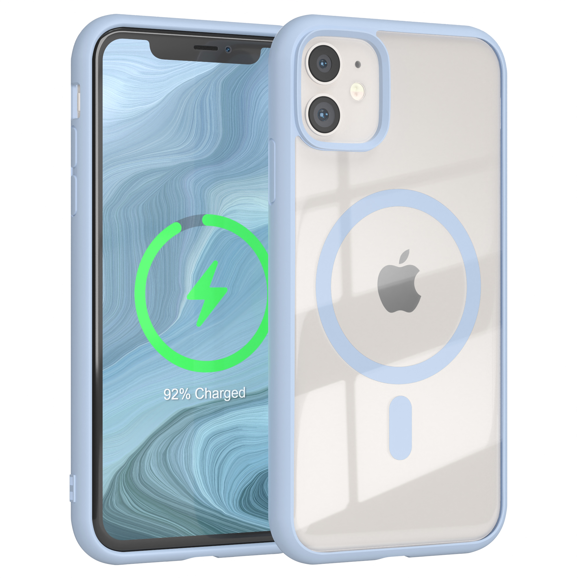 Eine blaue und transparente iPhone-Hülle mit einem Apple-Logo und einem Ladekreis auf der Rückseite.