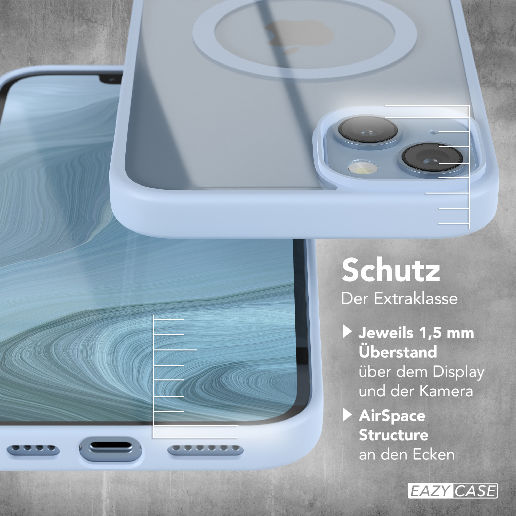 Eine Handyhülle mit transparentem Rücken und blauen Rändern, Nahaufnahme.