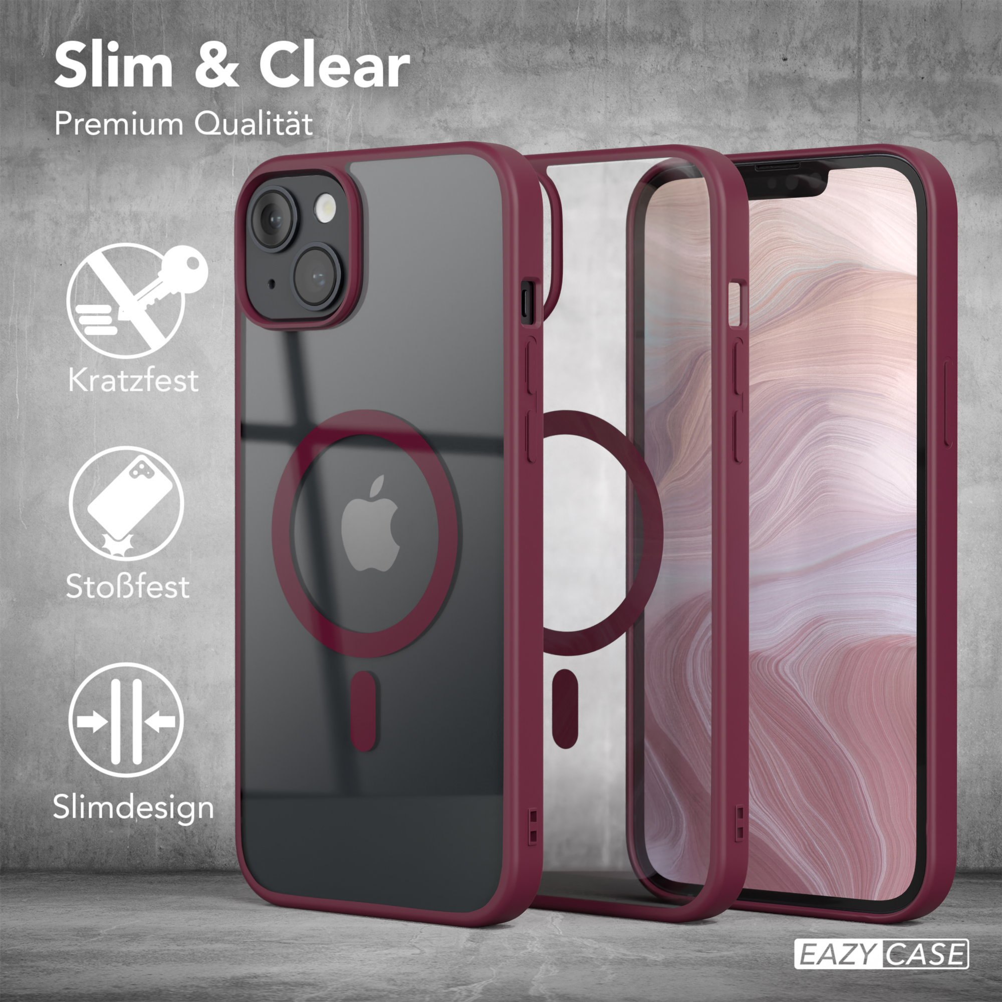Drei Handyhüllen: klar, weinrot und transparent, mit einem iPhone darin. Der Text lautet 'Slim & Clear' und 'Premium Qualität'.