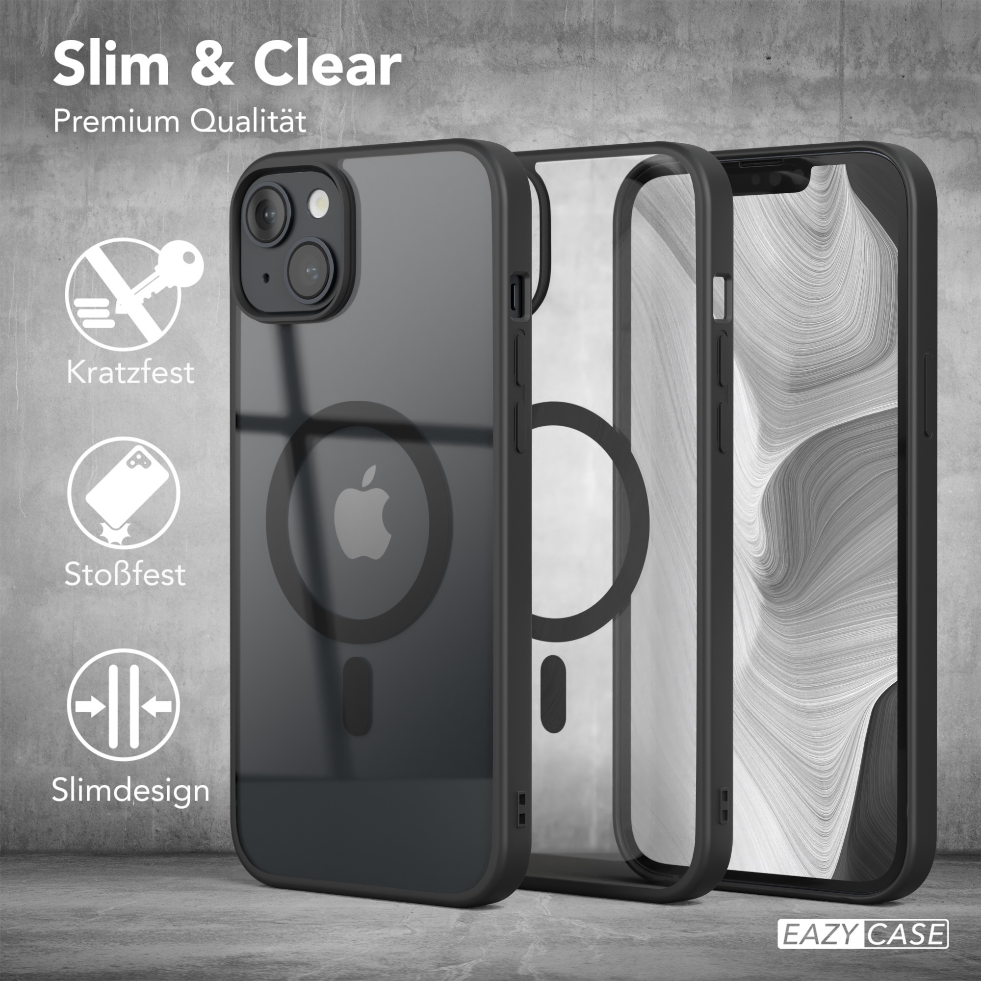 EAZY CASE Clear Cover Plus, Schwarz Apple, mit 14 iPhone Bumper, MagSafe
