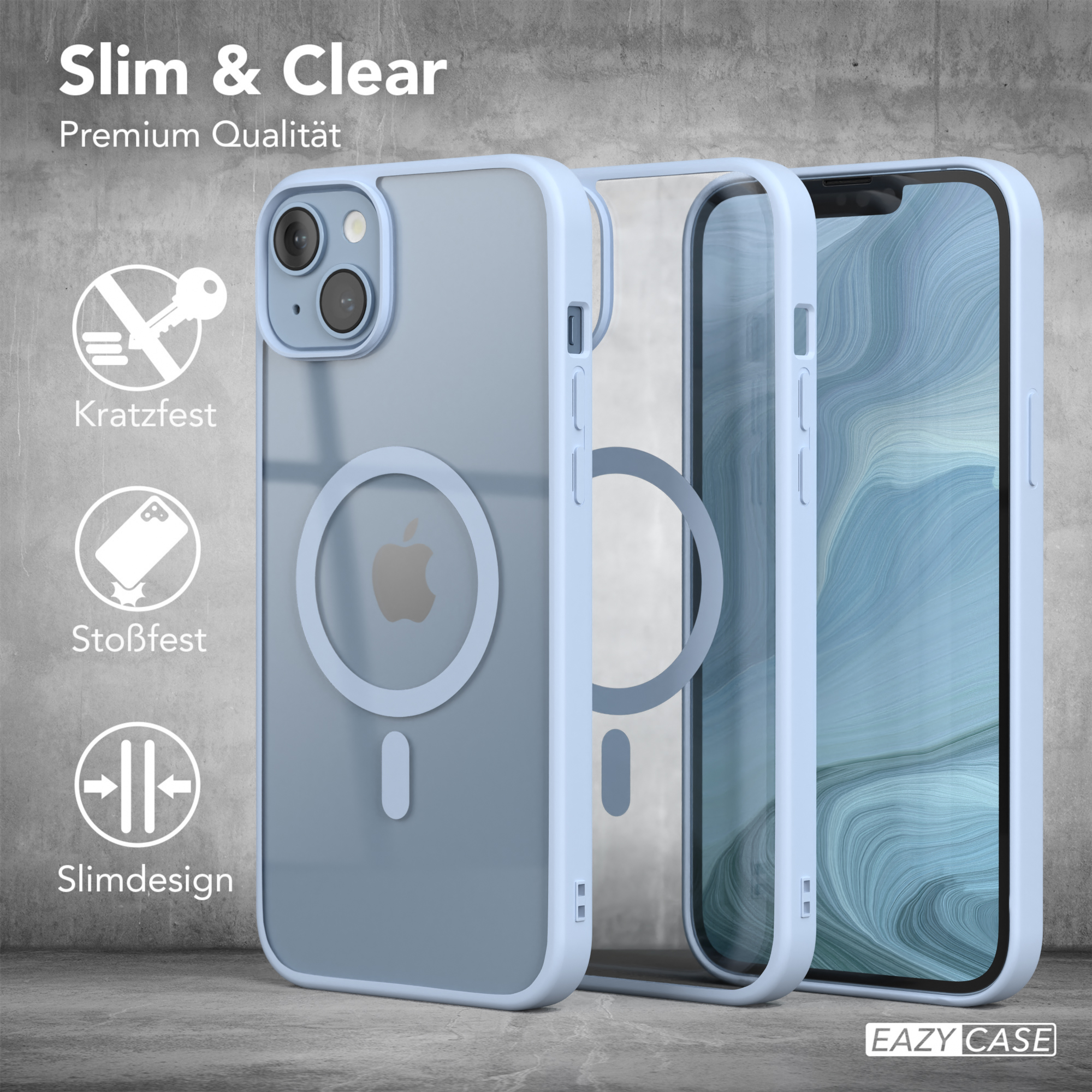 Telefonhüllen, hellblau, mit Schlüssel, Stoßfestigkeit und schlanken Design-Icons.
