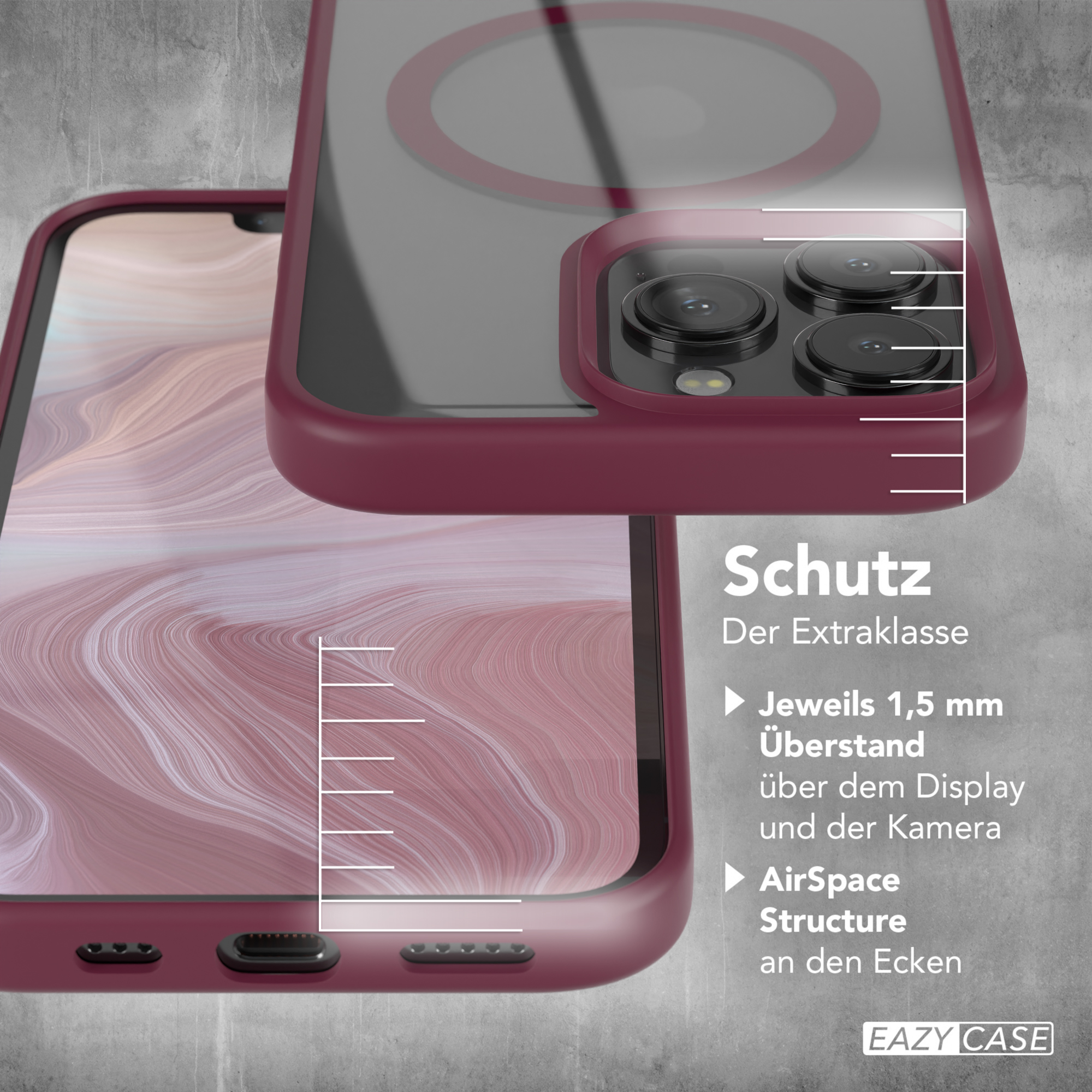 Nahaufnahme eines Telefons in einem weinroten Gehäuse. Text: Extra Schutz. 1,5 mm über Display und Kamera.